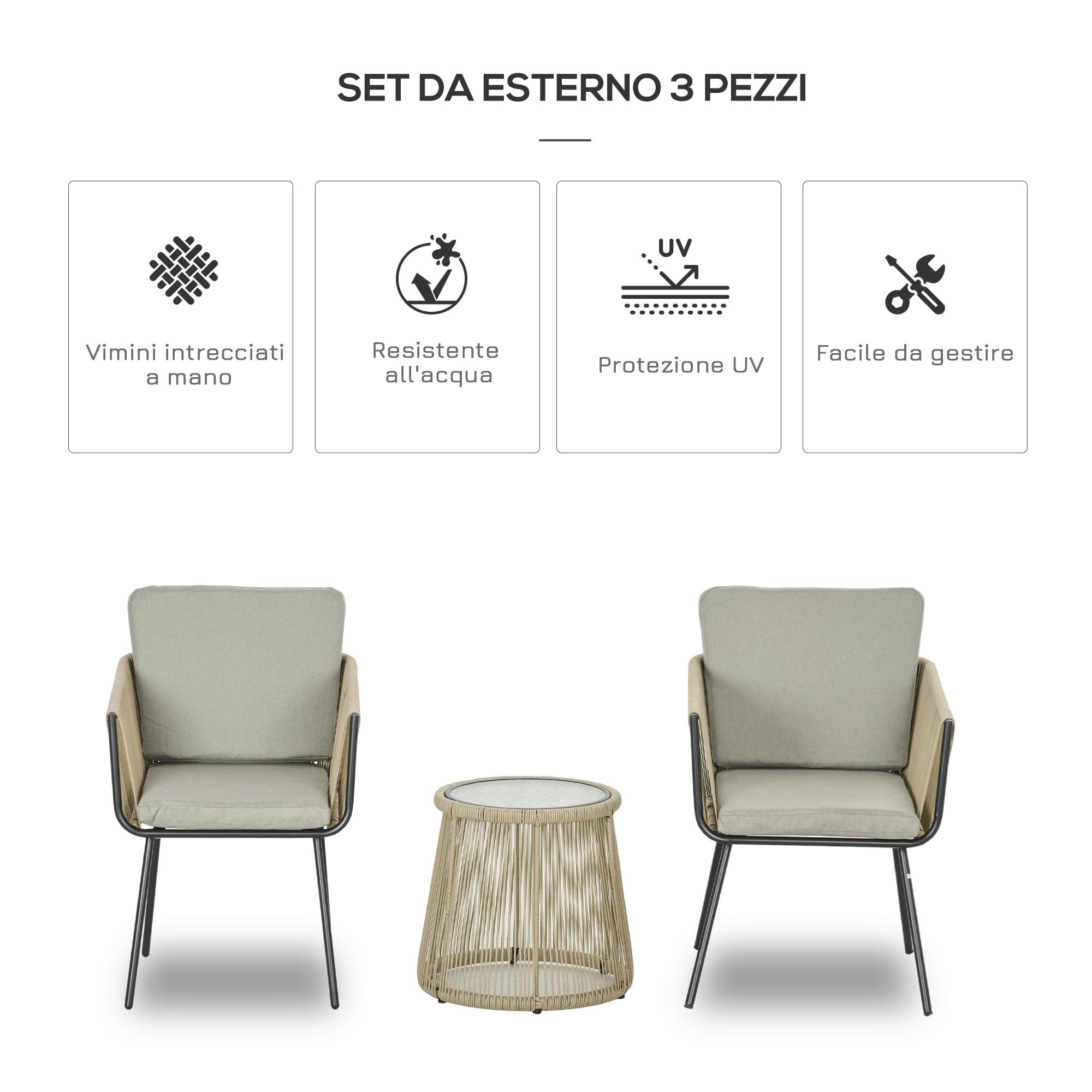 Outsunny Set da Giardino 3 Pezzi in Rattan PE e Acciaio, Set 2 Sedie con Cuscini Lavabili, Braccioli, Tavolino da Caffè con Piano in Vetro, Set di Mobili da Balcone Patio Cortile, Caffè/Grigio Chiaro