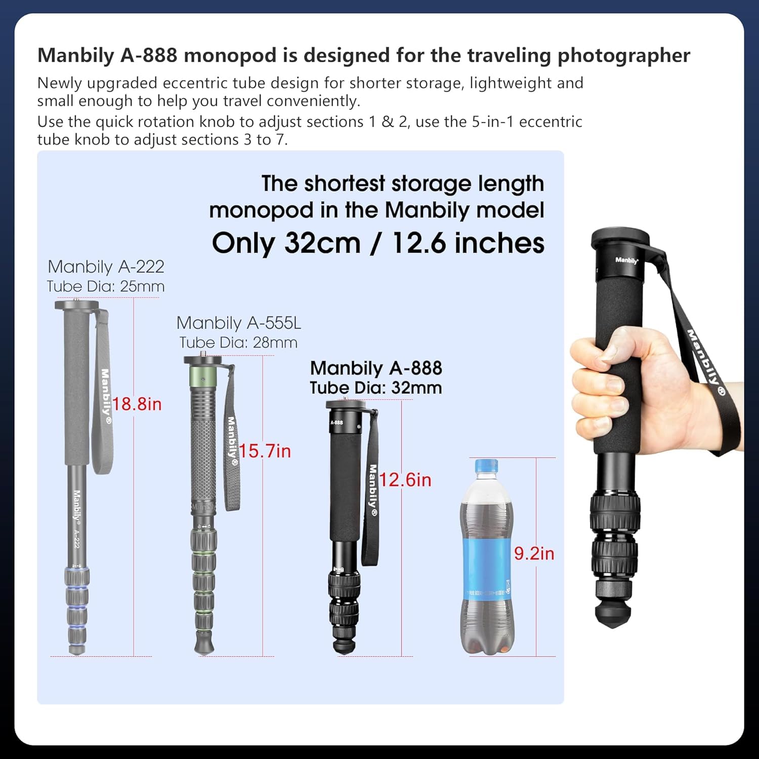 Manbily A-888 Monopode aluminium 7 sections 32-156 cm pour appareil photo reflex numérique smartphone