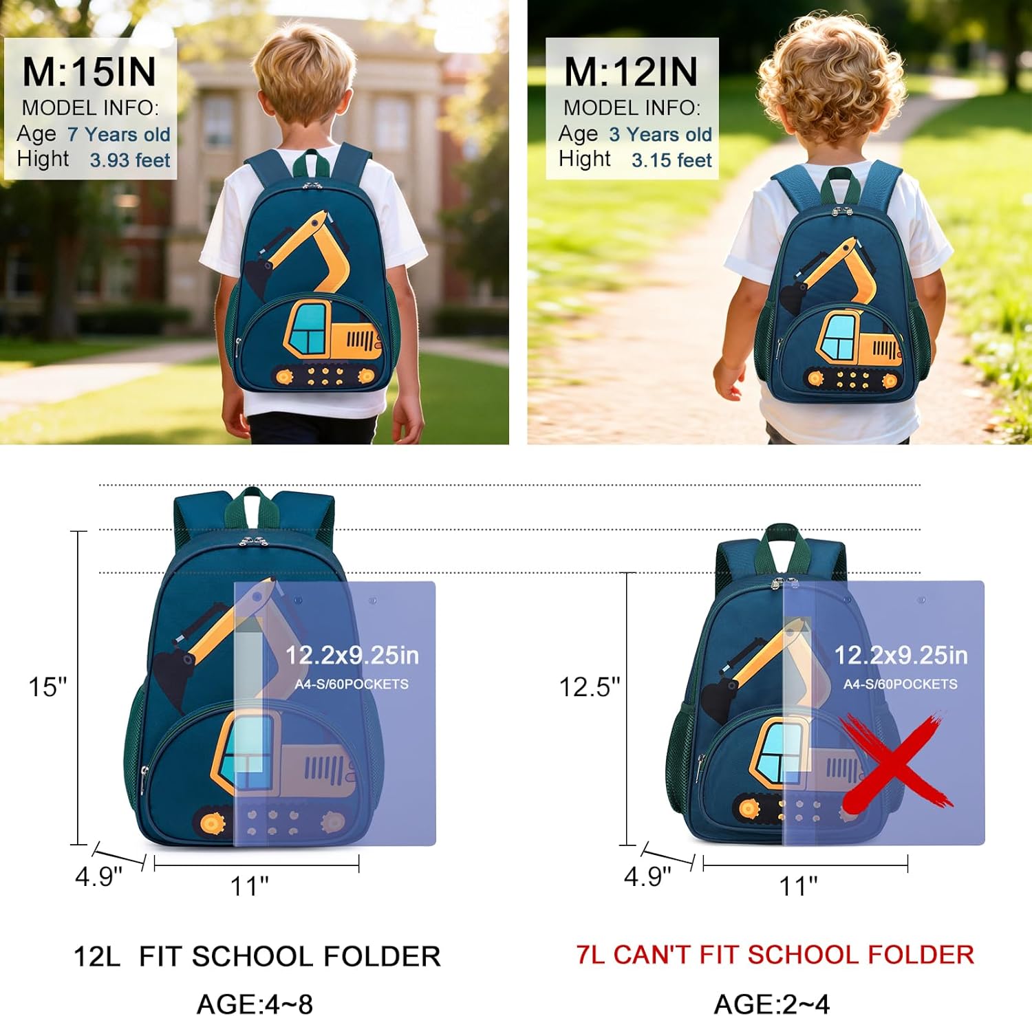 LOIDOU Toddler Backpack Boy for 4-8, Preschool Kindergarten Kids Backpack for School, 15 Inch Toddler Daycare Travel Backpacks with Chest Strap, Excavator Construction Truck Backpacks for Kids