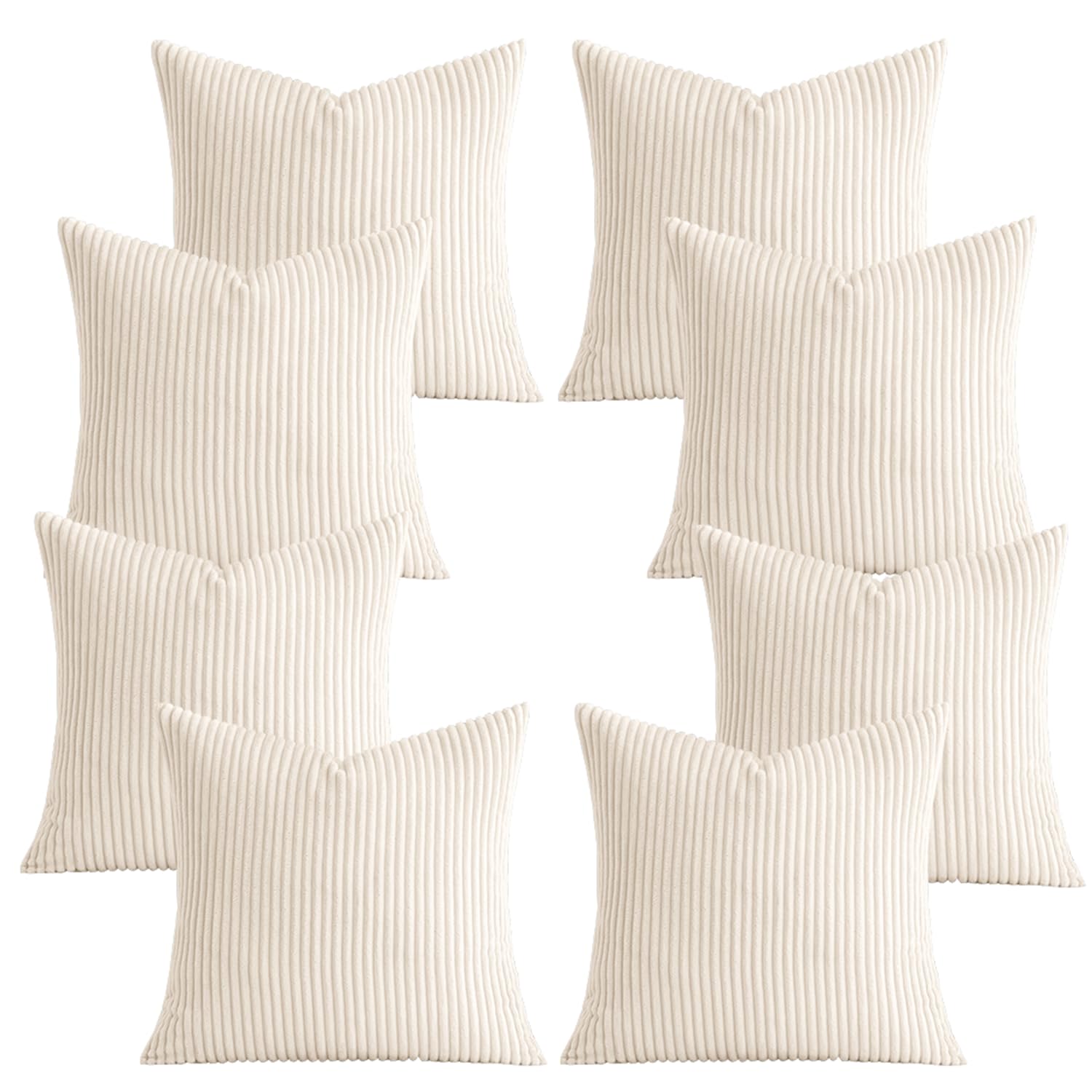 AMEHA Set of 8 Pcs Soft Corduroy Cream Velvet Cushion Covers 45 x 45 cm with Invisible Zipper Decorative Square Throw Pillowcases for Livingroom, bed, couch, office (18x18 inch Stripe Cushions)