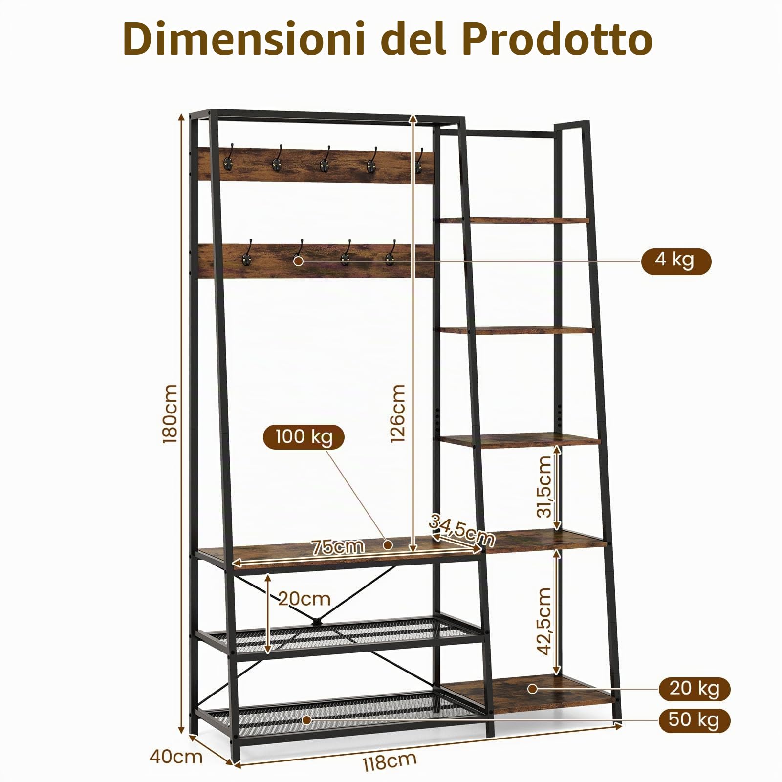 HOMASIS Guardaroba Camera da Letto in Legno, Appendiabiti da Terra con 5 Scaffali, 2 File di Ganci, Panca da Scarpe, 2 Mensole a Rete, Stand Appendiabiti Industriale, 118 x 40 x 180 cm, Marrone