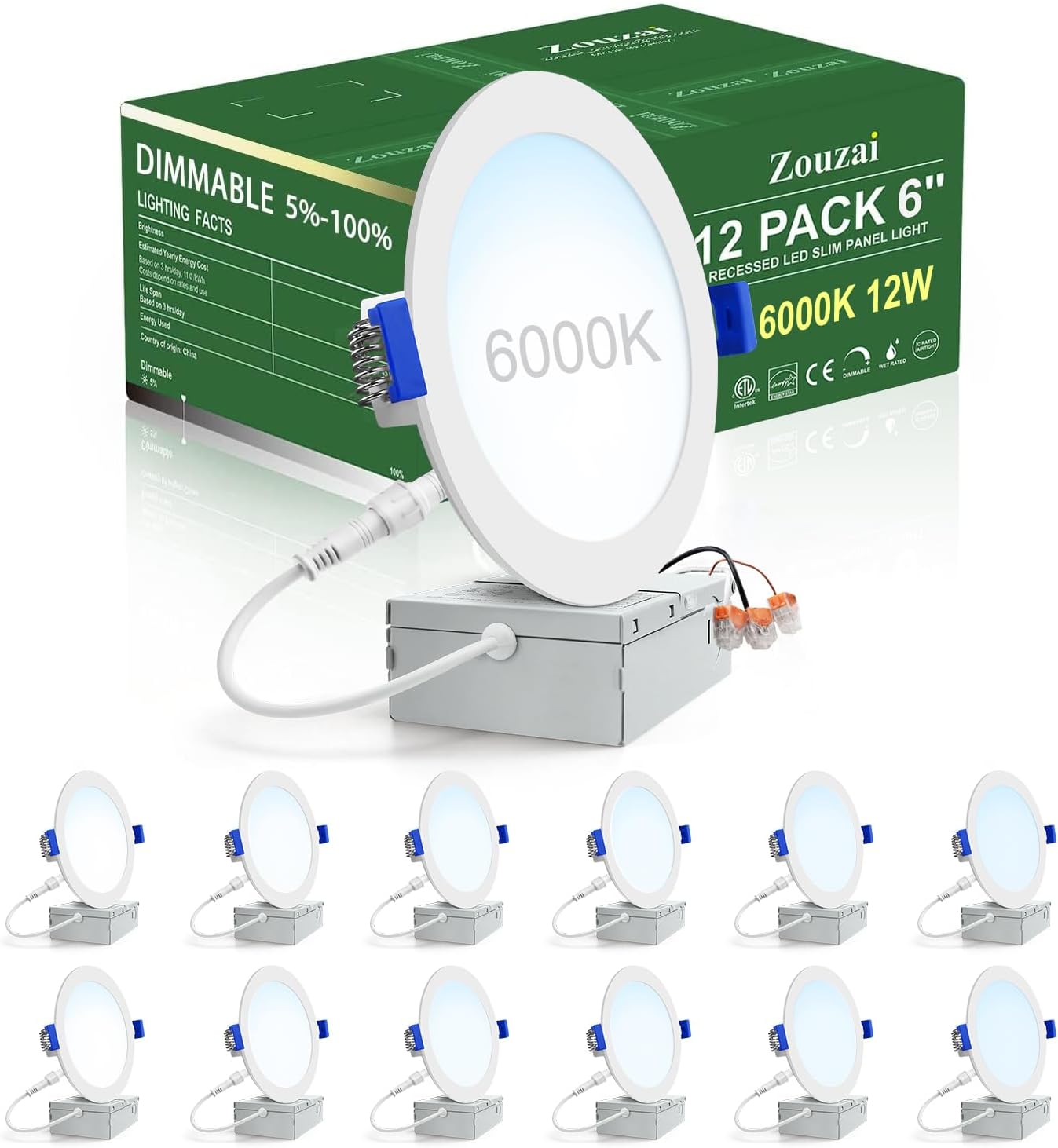 zouzai 12 Pack 6 Inch 6000K Ultra-Thin LED Recessed Light with Junction Box, 12W Dimmable,Ra>85 High Brightness - ETL and Energy Star Certified