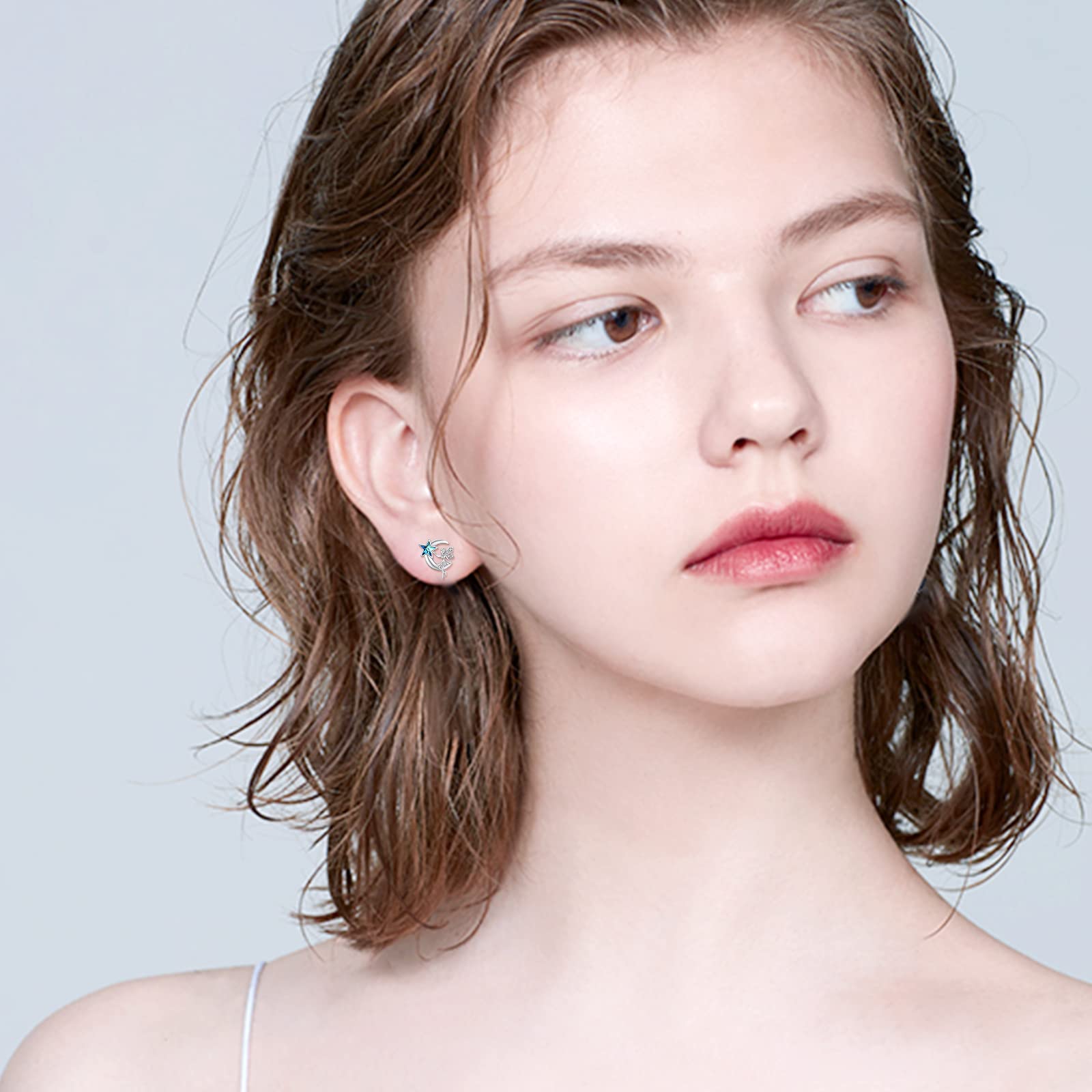 Mond Elfe Fee Ohrringe 925 Sterling Silber Elfen Halbmond Stern Ohrstecker mit blauem Kristall Fee Schmuck Geburtstage Geschenke für Frauen