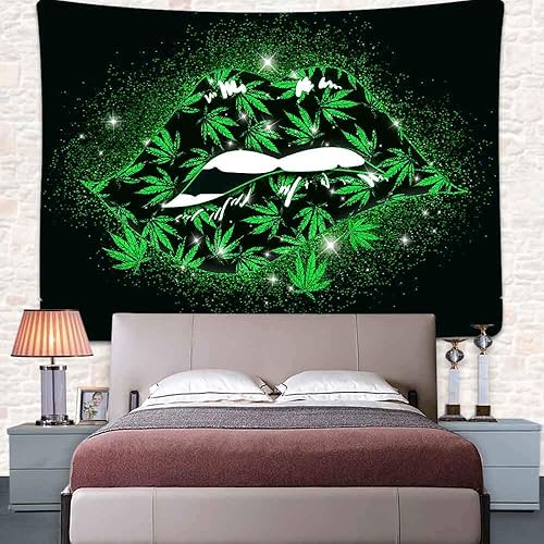 Miniatura 5 de UHOMETAP Tapiz de hojas de marihuana verde psicodélica, 80 x 60 pulgadas, dormitorio, sala de estar, oficina