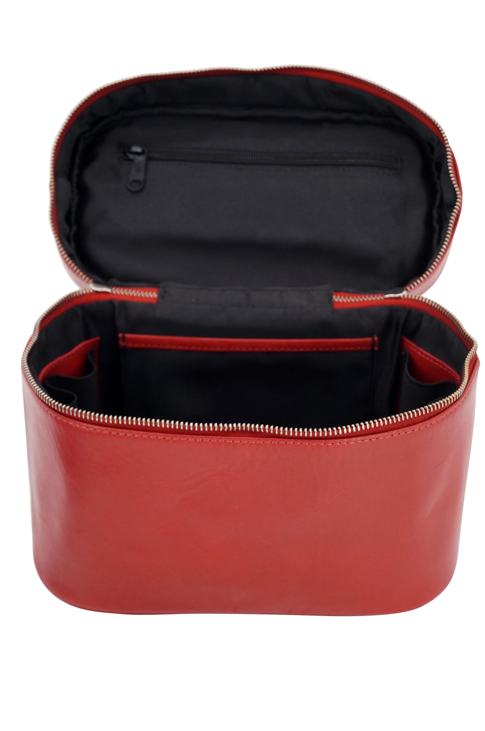 GERMANUS Handgemachte Kosmetiktasche Leonie, Kosmetikkoffer und Kulturtasche aus dickem Leder (Rot)