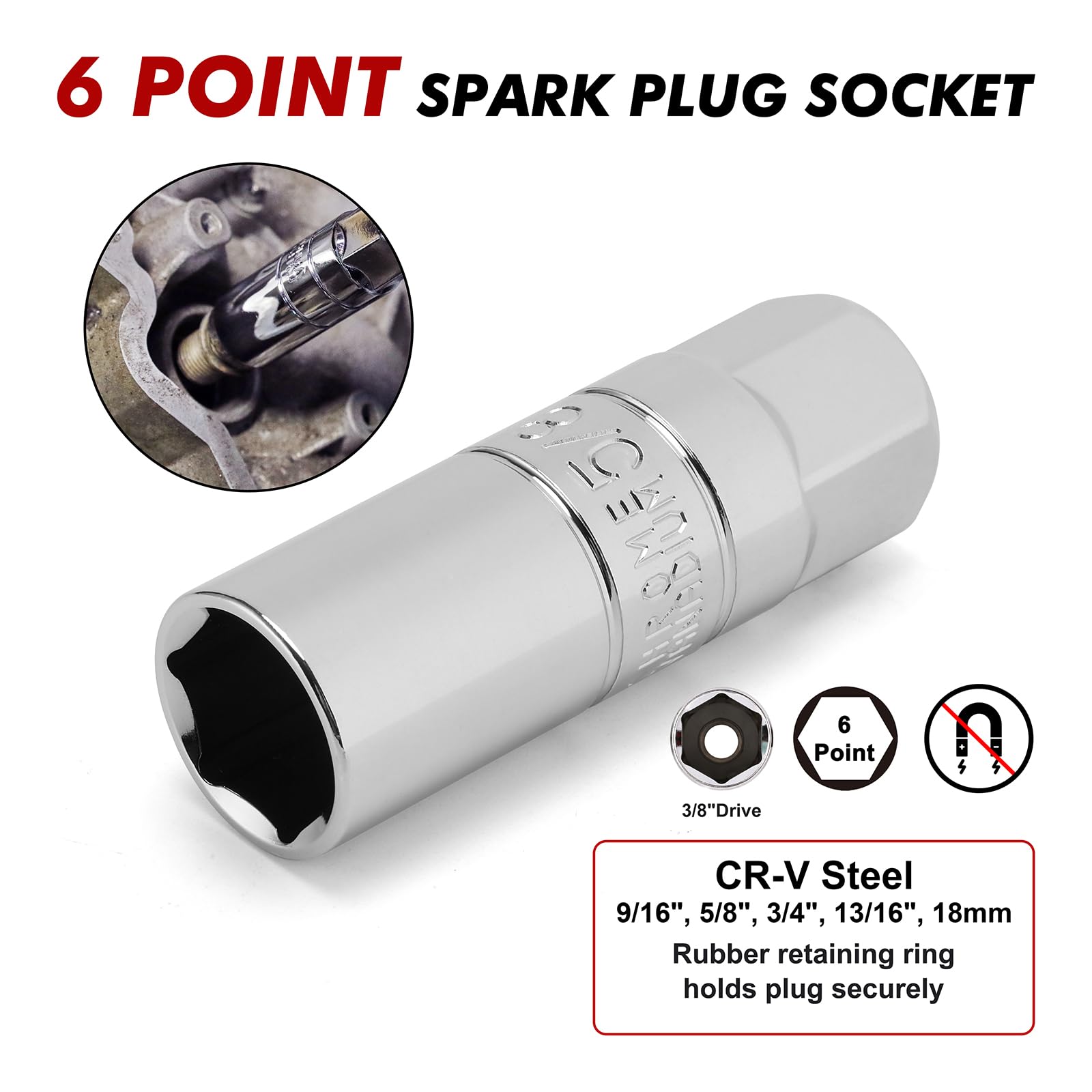CASOMAN 11PCS 3/8-Inch Drive Spark Plug Socket Set, 6&12-Point, Include 5-60Nm Click Torque Wrench, Spark Plug Gapper, U-Joint & Ext Bar, CR-V | 6 & 12-Punkt, 5-60Nm Drehmomentschlüssel, Zündkerzenlehre, Kardangelenk & Verlängerungsstange, CR-V