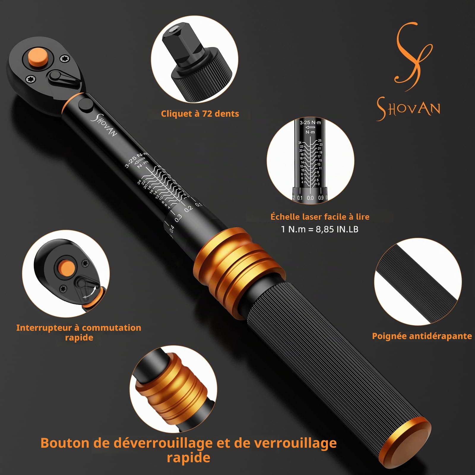 ss shovan Clé Dynamométrique Vélo 3-25 Nm, jeu de cle dynamometrique 1/4", Comprend un adaptateur 1/4" à 3/8", un cardan et une rallonge de 100 mm, pour Moto y vélo Route et de Montagne