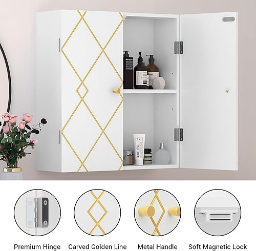 Miniatura 3 de VOXANOXI Armario de baño con borde dorado, botiquín de madera con puertas y estantes ajustables, para colgar sobre el inodoro para baño, lavandería,