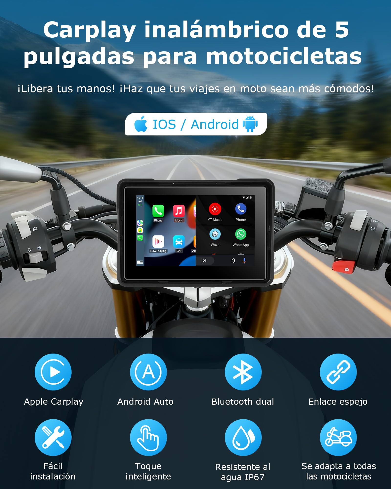 Jansite Carplay Moto Android Auto GPS Navegador Moto con Pantalla Táctil Impermeable de 5 Pulgadas, CarPlay y Android Auto Inalámbricos Navegación GPS Siri