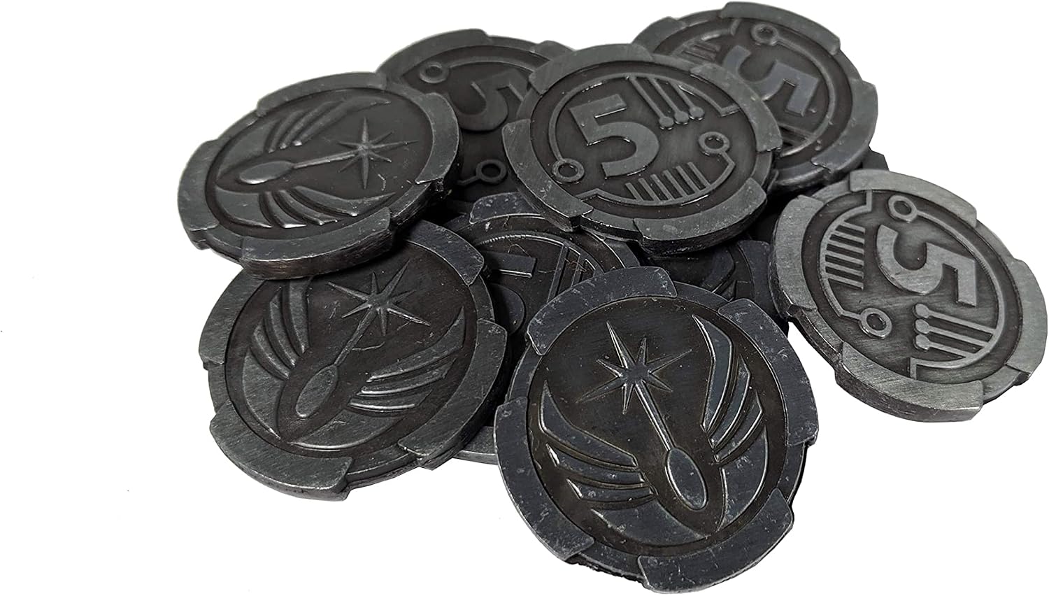 Sci-Fi 5 Credit Prop Coins, Pack of 10 – 25mm Round Aged Silver Gaming Tokens for TTRPG, Board Games and Cyberpunk Cosplay – The Broken Token
