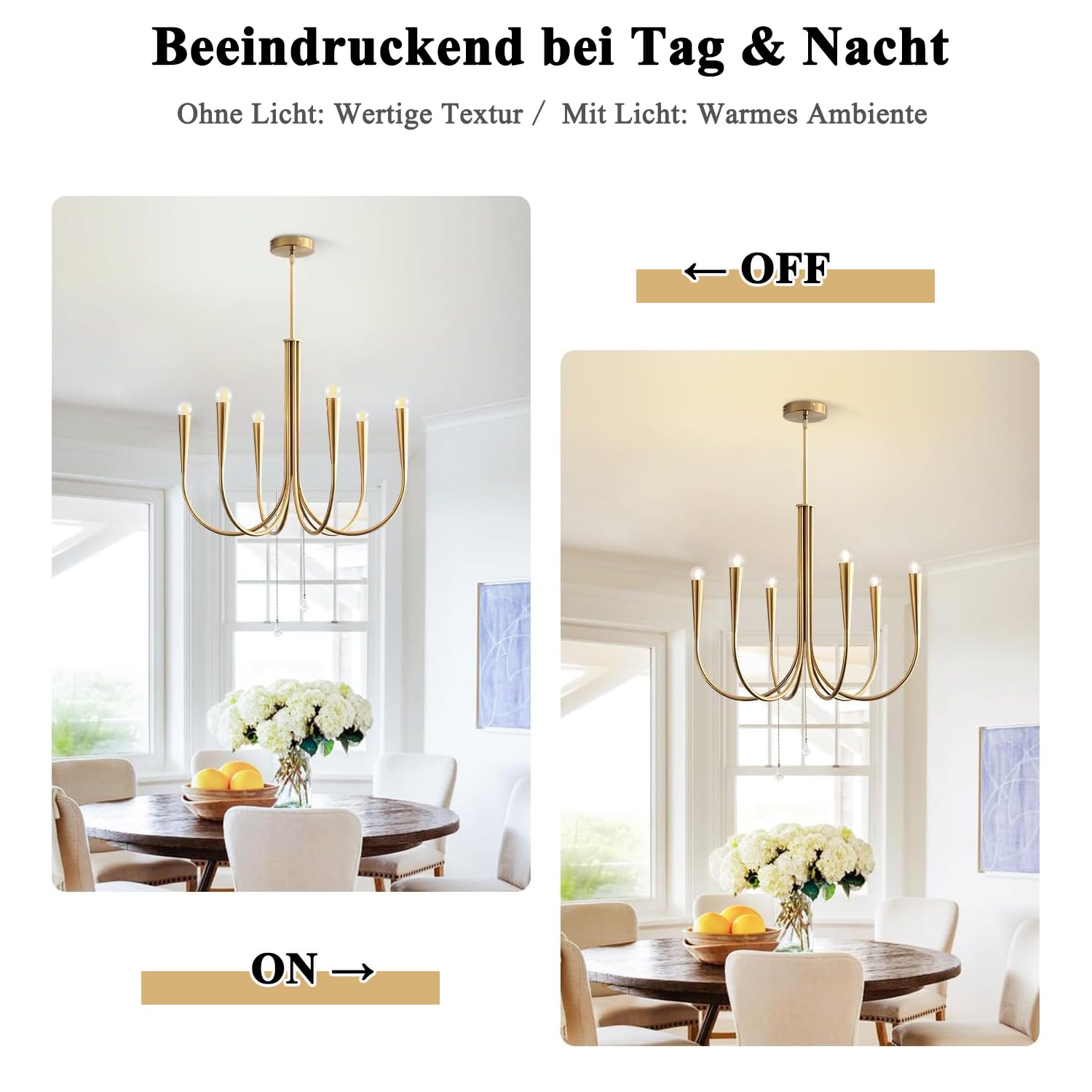 KCO Lighting Lampadario a Candele Dorato,Vintage Altezza Regolabile Lampadari Soggiornoa 6 Luci,Classico Moderno Industriale per Sala da Pranzo Cucina Isola Camera da Letto E14