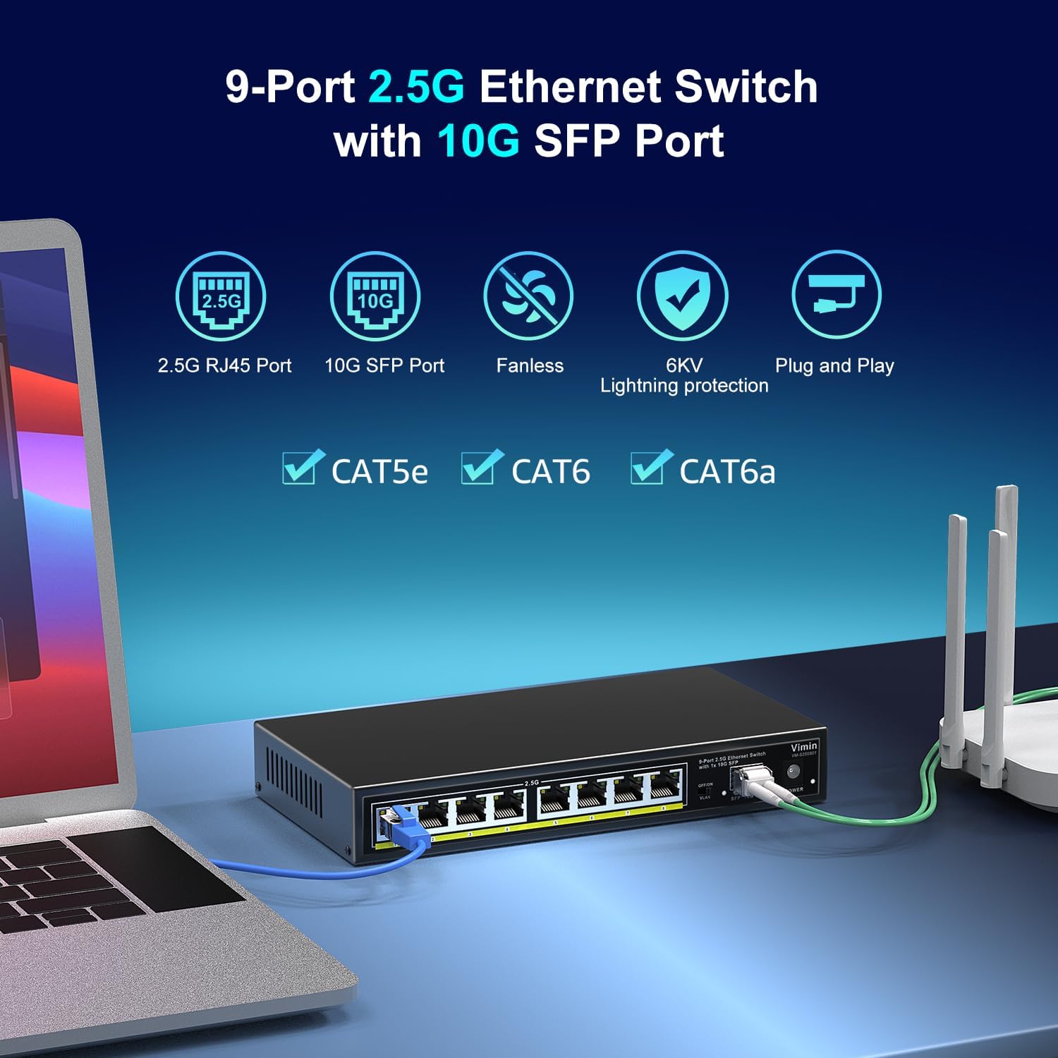 VIMIN switch connected to a laptop and a router with Ethernet cables.