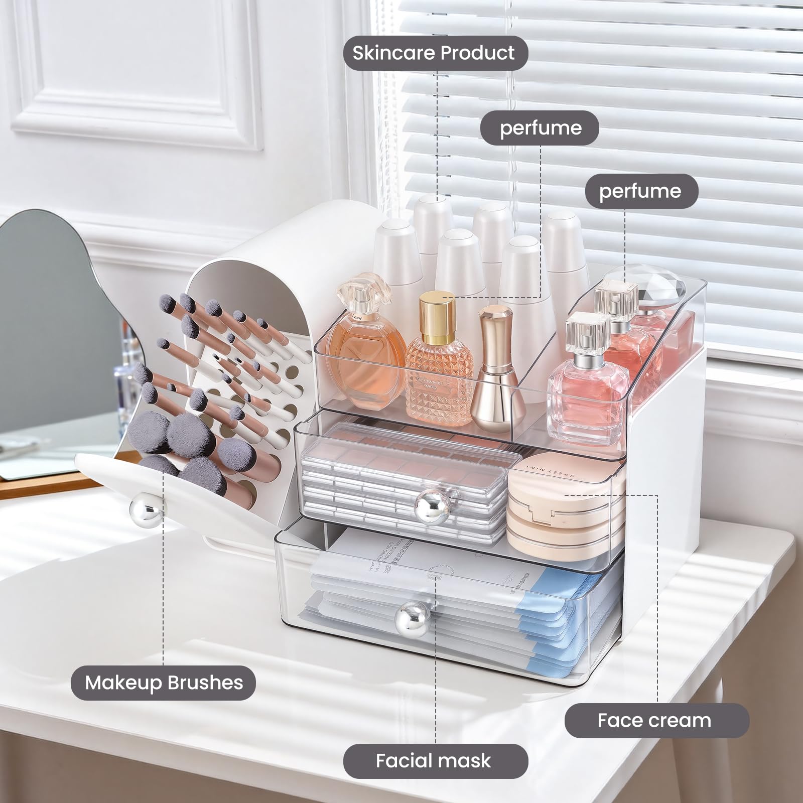 TRQWRO Makeup Organizer Countertop with Makeup Brush Holder,White view 4