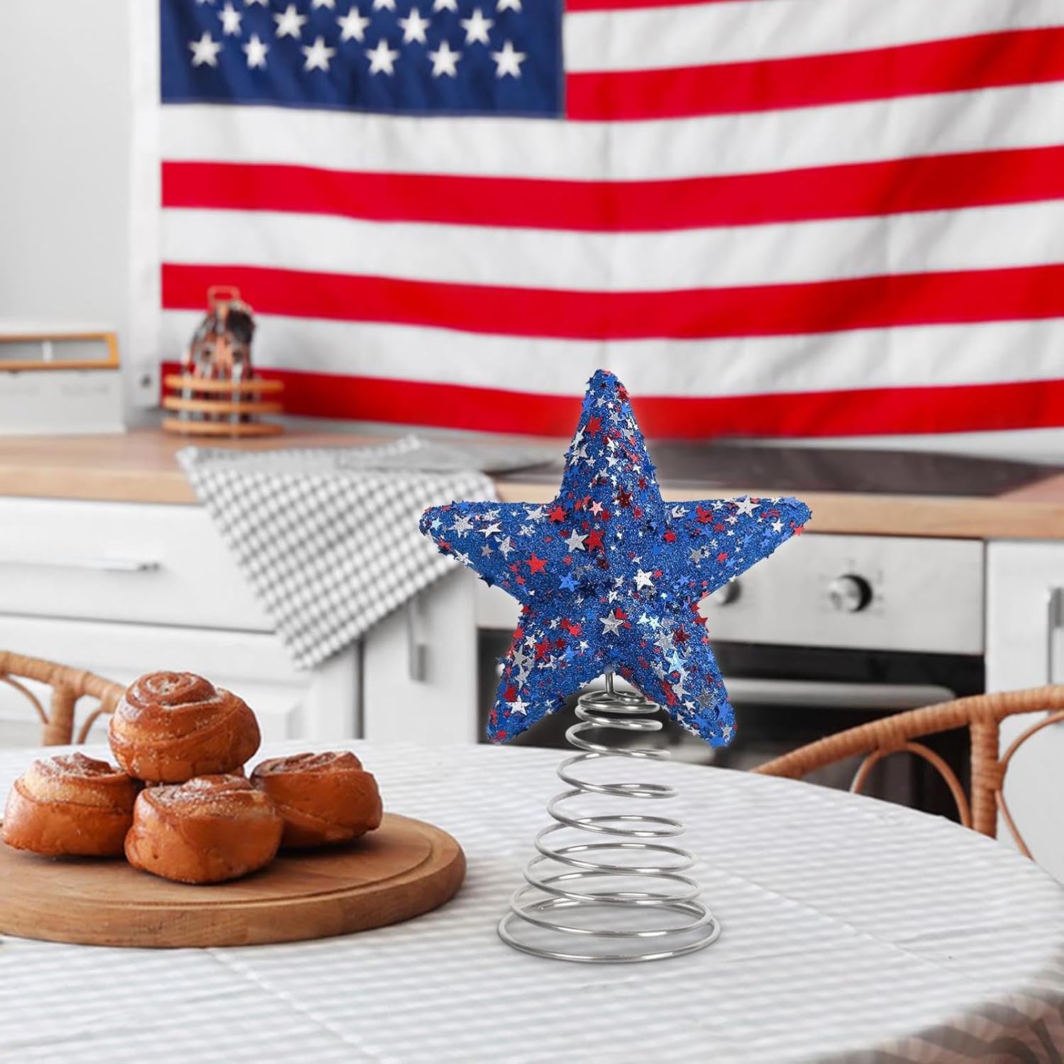 9 Inch 4th of July Patriotic Star Tree Topper Memorial Day USA 250th Anniversary Decorations Glitter Red White and Blue Stars Christmas Tree Toppers for Independence Day Home Office Party Decor