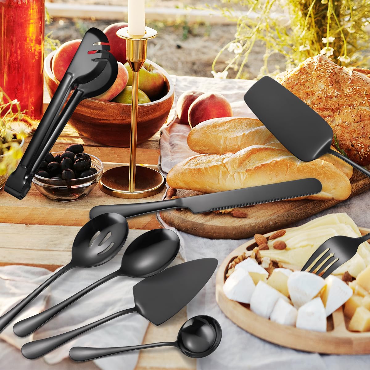AARAINBOW Set di 8 utensili da servizio, grandi posate a buffet, con cucchiaio, in acciaio inox, per insalate, torte, posate da insalata, per feste, banchetti (8 nero)