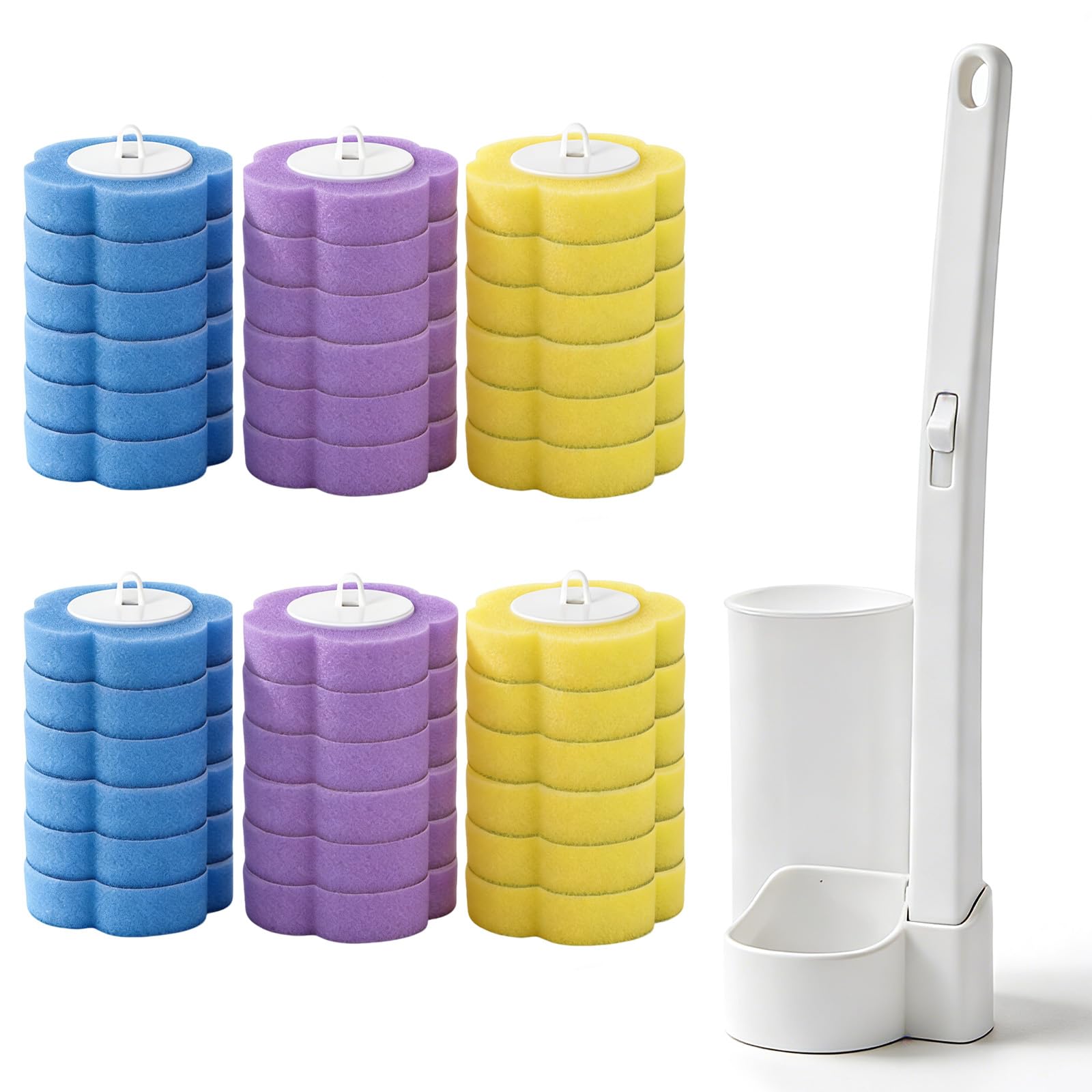 Flhlxzm Yellow, Purple, Blue Disposable Toilet Brush Refills, 37 Pcs Toilet Wand Replacement Heads With Handle Wall-Mounted Holder Cleaner Set For Sink Bathtub Wash Basin Mop Pool