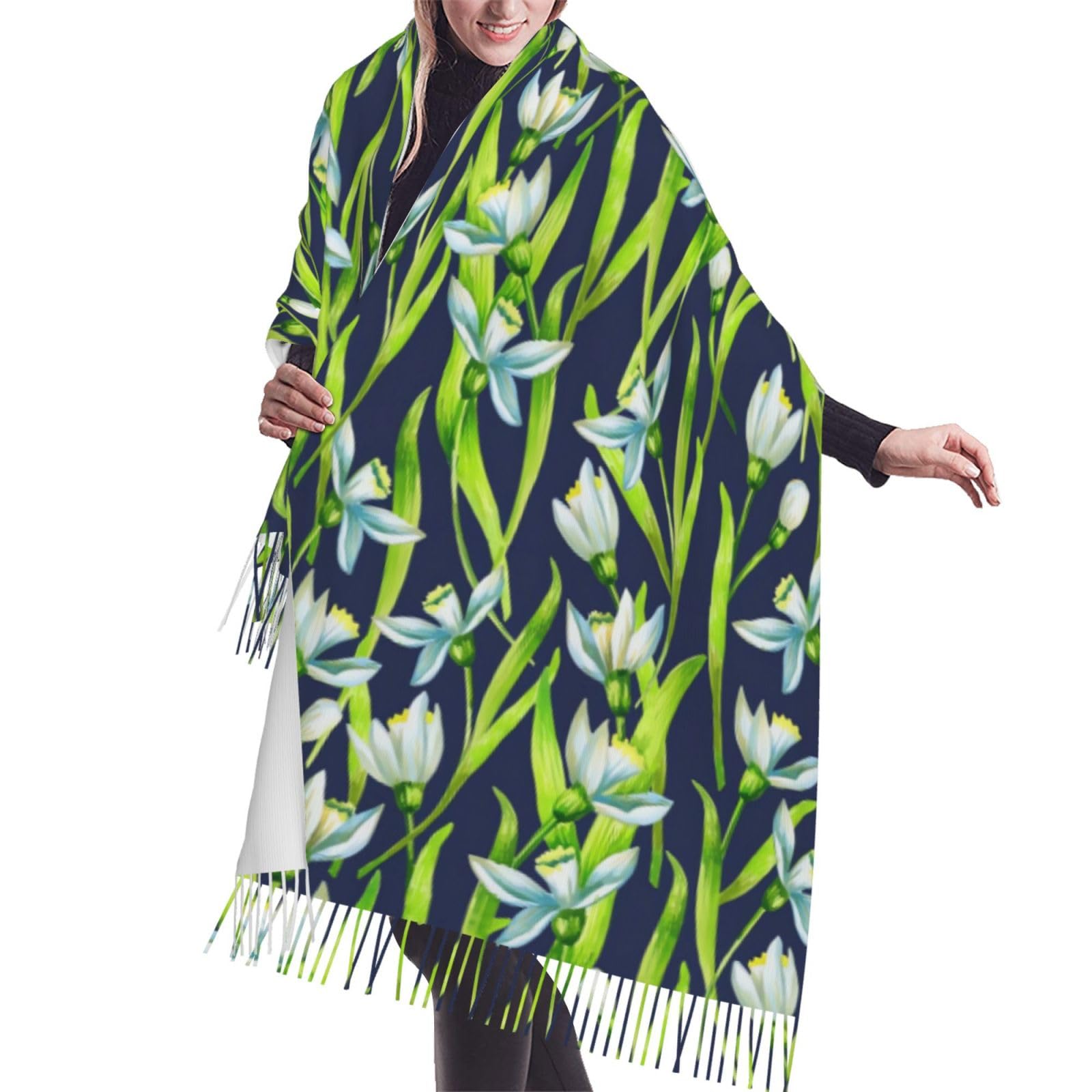 Poadnly Unisex As Picture Snowdrop Flowers, Large Soft Cashmere Feel Shawls Wraps Women Fringed Scarf Light Stole 196X68 Cm