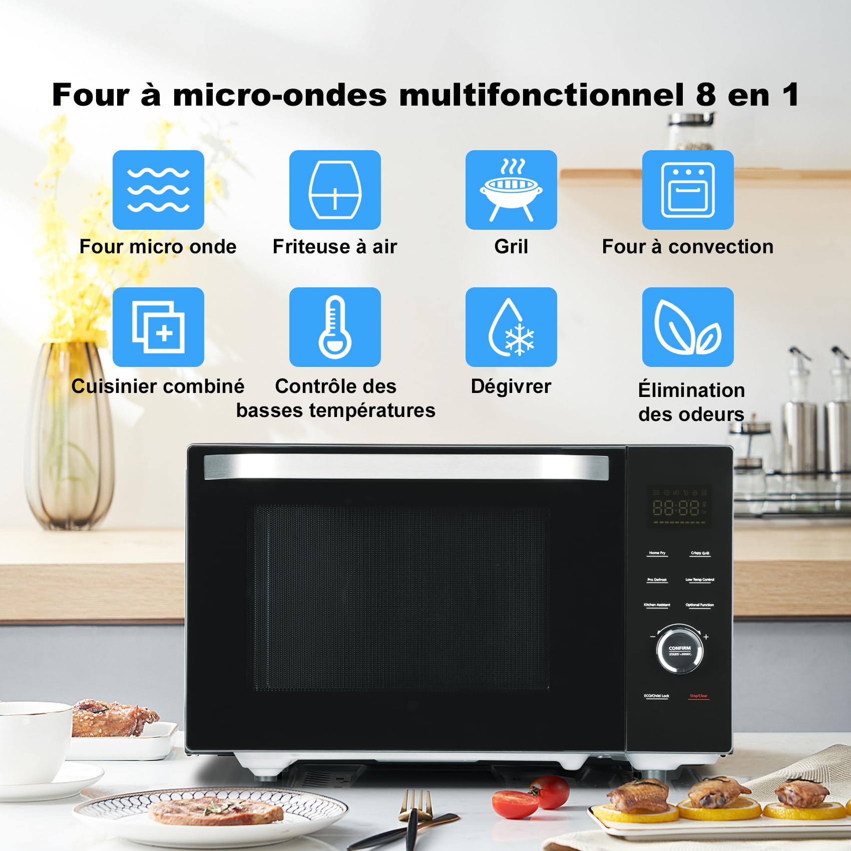 SMETA Four à Micro-ondes 34L Combiné Micro-ondes 1000W, Gril 2400W, Air Chaud 2400W, 10 Menus Automatiques, 6 Niveaux de Puissance, Fonction Combi, Fonction ECO et Désodorisation, Noir