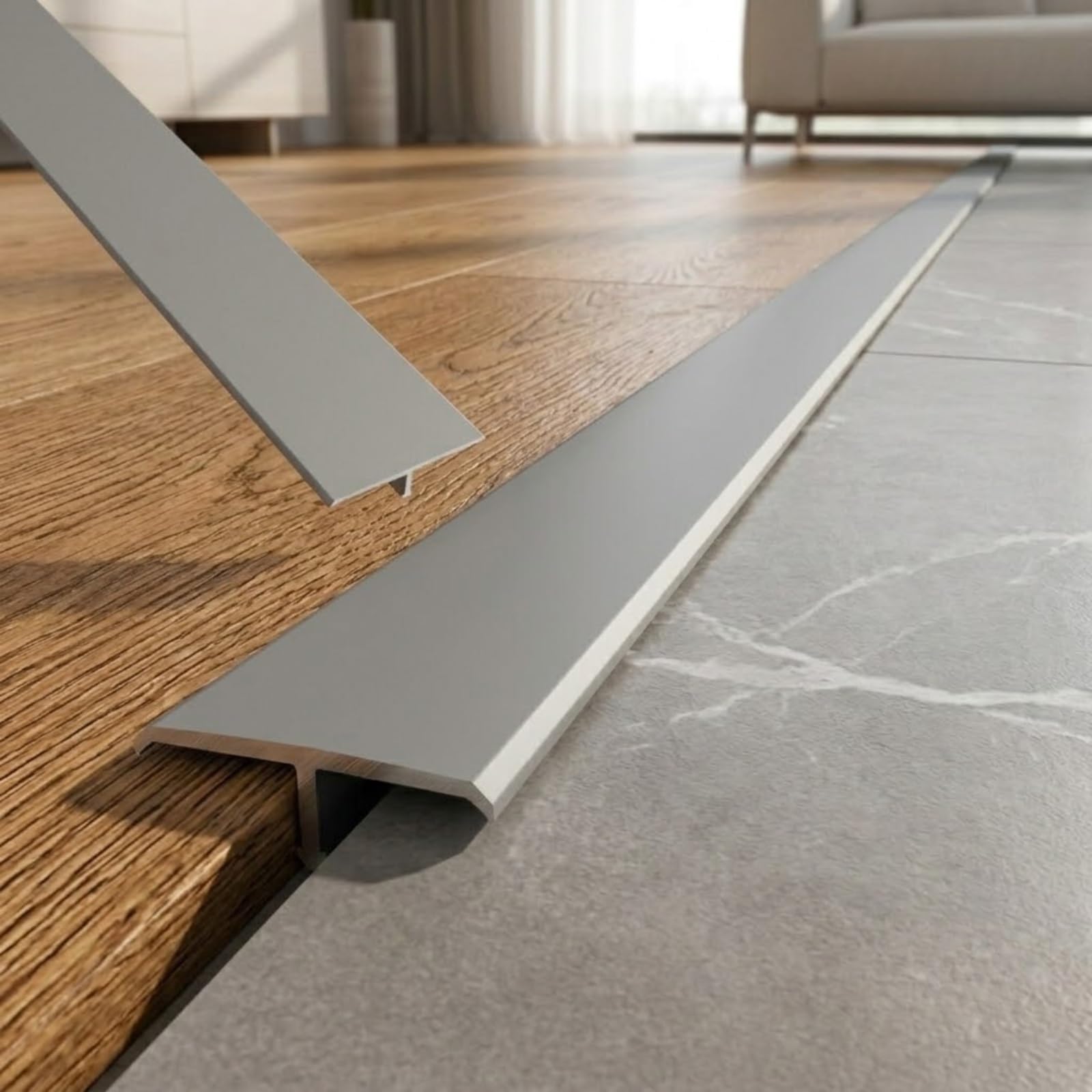 Aluminium T Moulding Floor Transition Strip, Self Adhesive Door Transition Strip, Metal Flat Divider Trim for Joining Laminate Floor Gaps, 90cm(Silver,W6cm*H0.7mm*L0.9m)