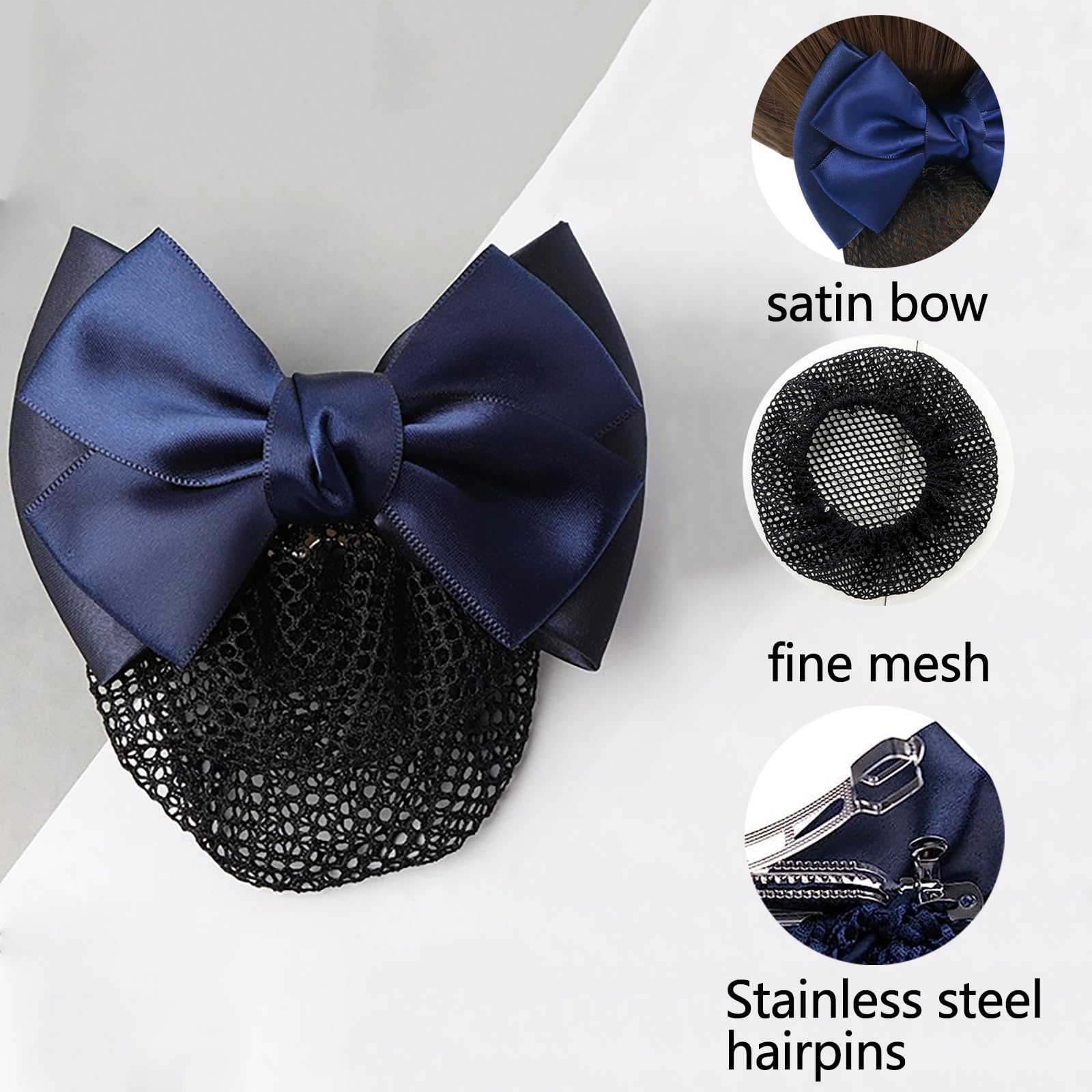2 Pcs Hair Clips Bun Bowknot Hair Nets with Bow, Elastic Hair Net for Nurses Banking Worker and Hostess, black, blue - Image 3