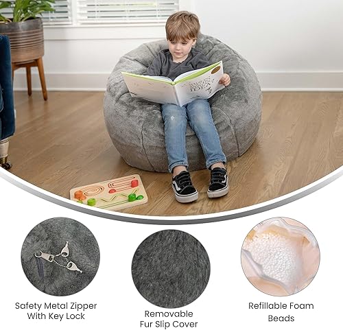 Miniatura 107 de Flash Furniture Dillon - Puf de sherpa, silla clásica recargable para niños y adolescentes, pequeña, natural Negro -,Negro Peludo,Blush