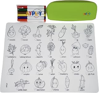 AYPLAY Food Alphabet - Kids Placemat - Fruits & Veggies from A to Z - 16''x12'' Silicone Coloring Mat - Set of Washable Silicone Mat, Washable Markers, & Silicone Pouch - Educational Placemat