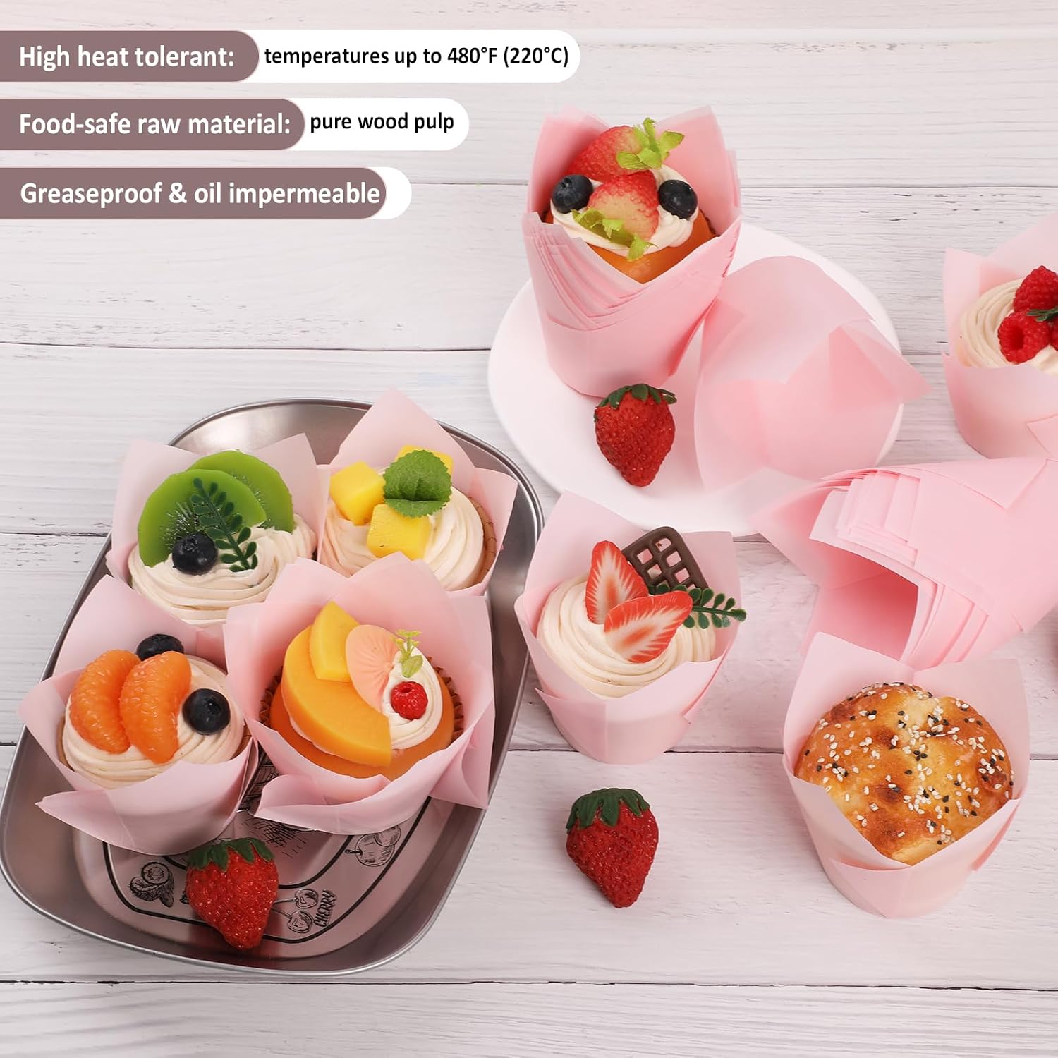 GeeRic 200 PCS Tulip Cupcake Liners, Greaseproof Baking Cups for Muffins, Cupcakes, Desserts and Pastries, Oven Safe Paper Baking Liners for Parties, Weddings and Bakery Use Pink