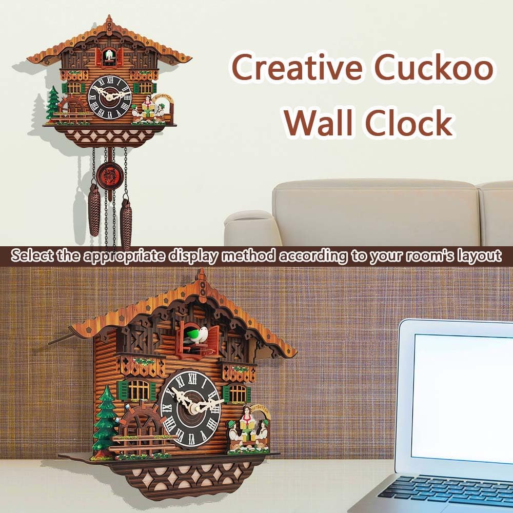 Pendule à Coucou Artisanale en Bois, Horloge Murale Quartz Antique avec Oiseau Fonctionnel et Régulateur de Volume, Décoration Salon Cuisine Café Bureau