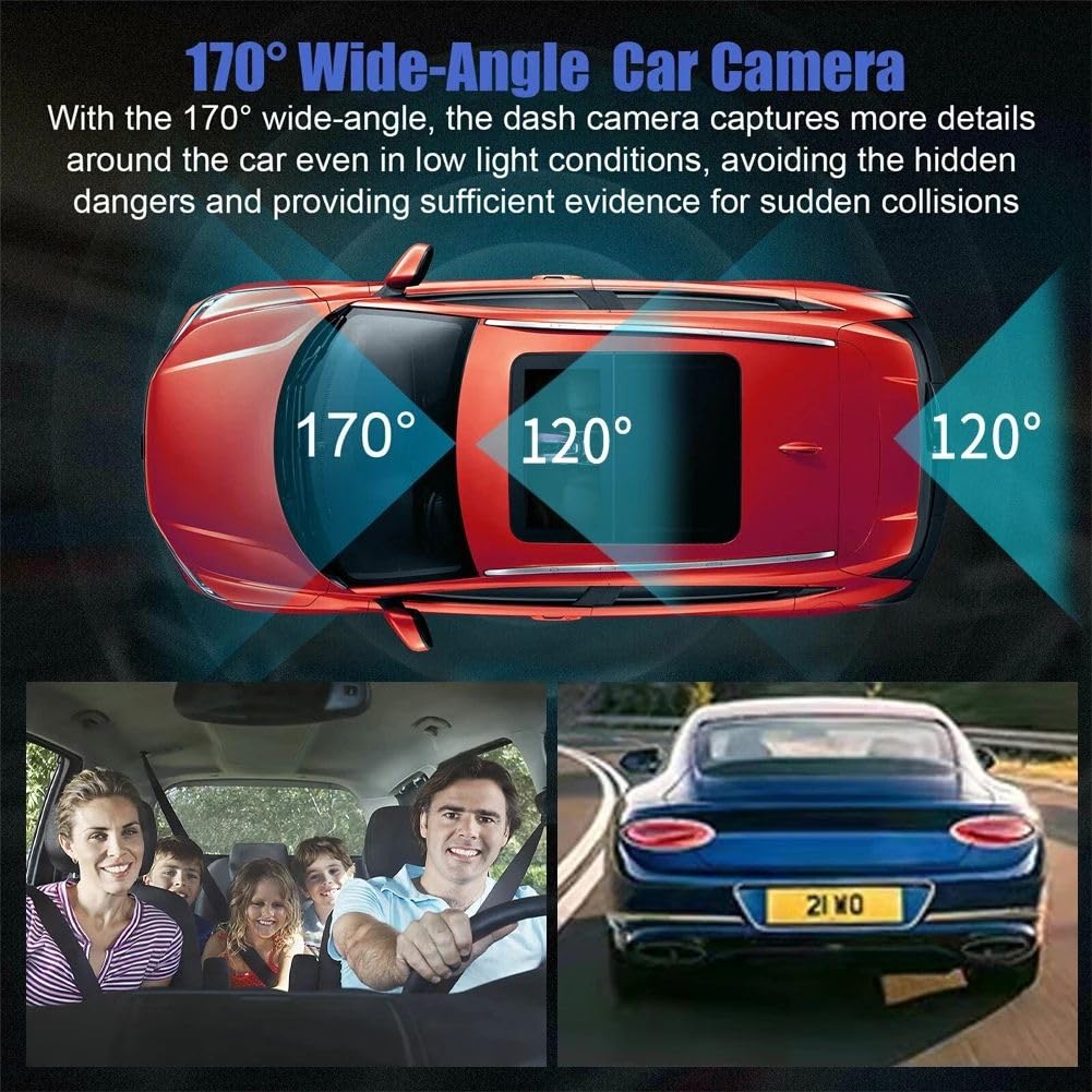 Videoregistratore Auto Dashcam 3 Canali Full HD 1080P | Sistema a 3 Telecamere (Anteriore + Posteriore + Interno/Abitacolo) | Doppio Obiettivo Anteriore, Schermo LCD 3", Scatola Nera G-Sensor