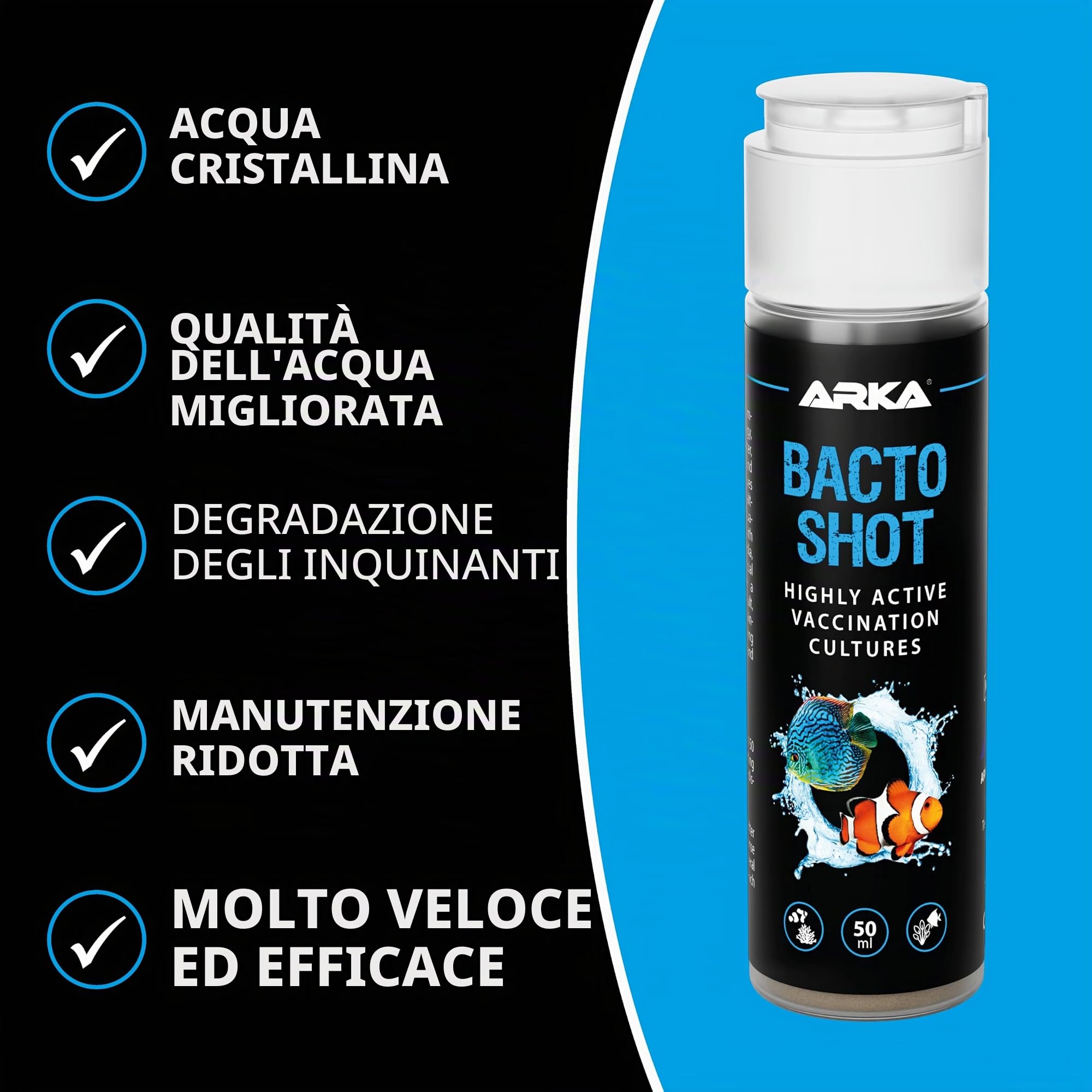 Batteri acquario 50 ml – ARKA Bacto-Shot – acqua chiara in 24 h – batteri filtranti e pulenti vivi – riduce nitriti e torbidità – con supporto naturale – per dolce, marino, gamberetti e coralli