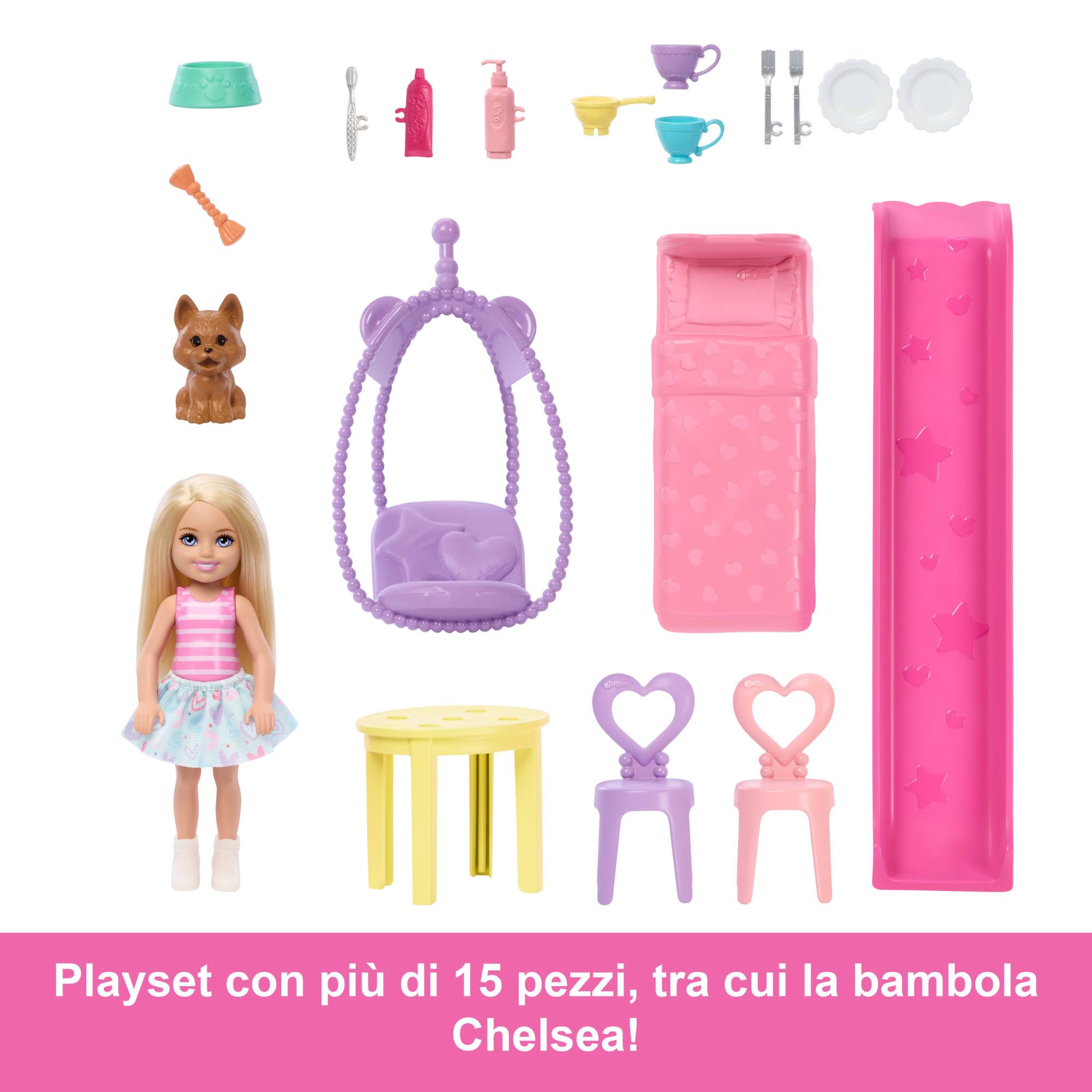 Barbie - Chelsea Casa a Scomparsa, set con 5 aree di gioco e scivolo, mini bambola Chelsea, cagnolino e 15 accessori a tema inclusi, giocattolo per bambini, 3+ anni, JFW49