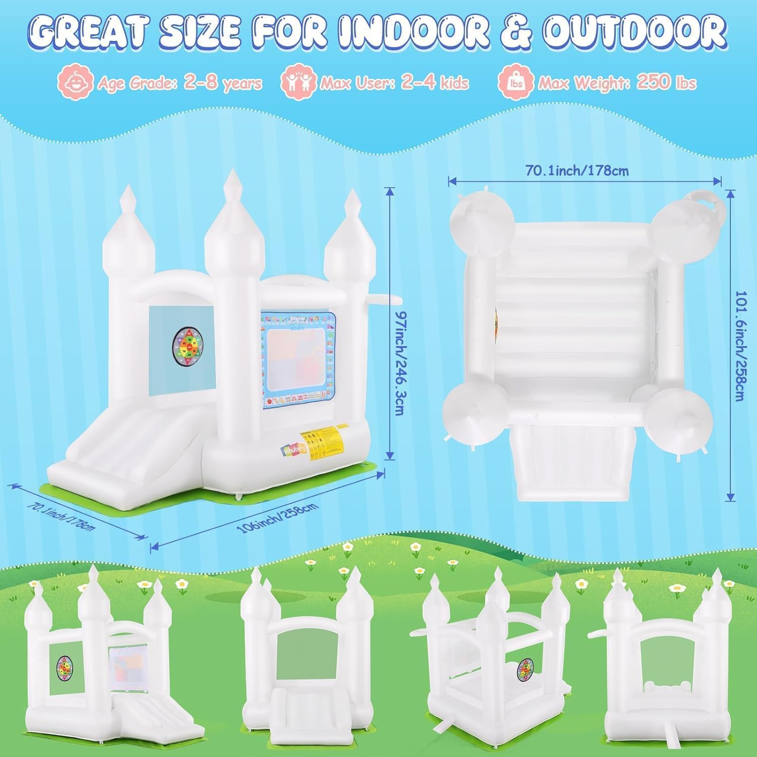 Inflatable White Bounce House for Kids with UL Blower-Portable, Jump House 3in1 Bouncy Castles A Spacious Joy-Room Bounce House for Kids 3-10 (Bouncy House)
