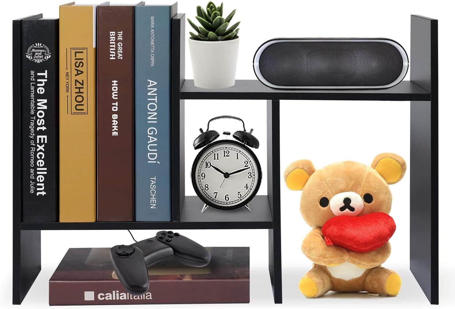 Hossejoy Desktop Organizer Office Storage Rack Adjustable Wood Desk Organizer Display Shelf, Countertop Bookcase Desktop Bookshelf- Free Style Double H Display, Black : Office Products