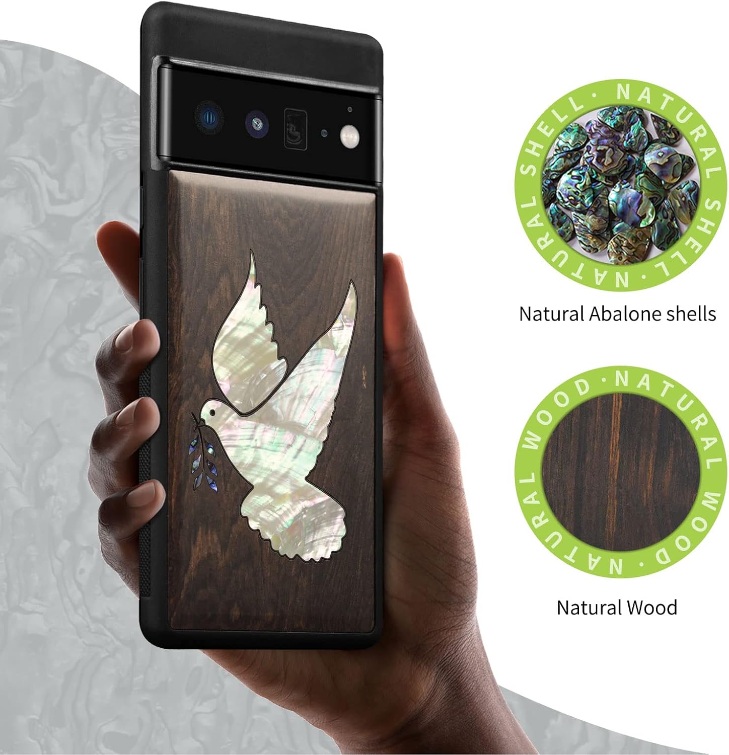 Carveit Designer Wooden Case for Google Pixel 6 Pro Case Cover [Wood Engraving & Shell Inlay] Compatible with Wireless Chargers Pixel 6 Pro (White-Dove-Blackwood)