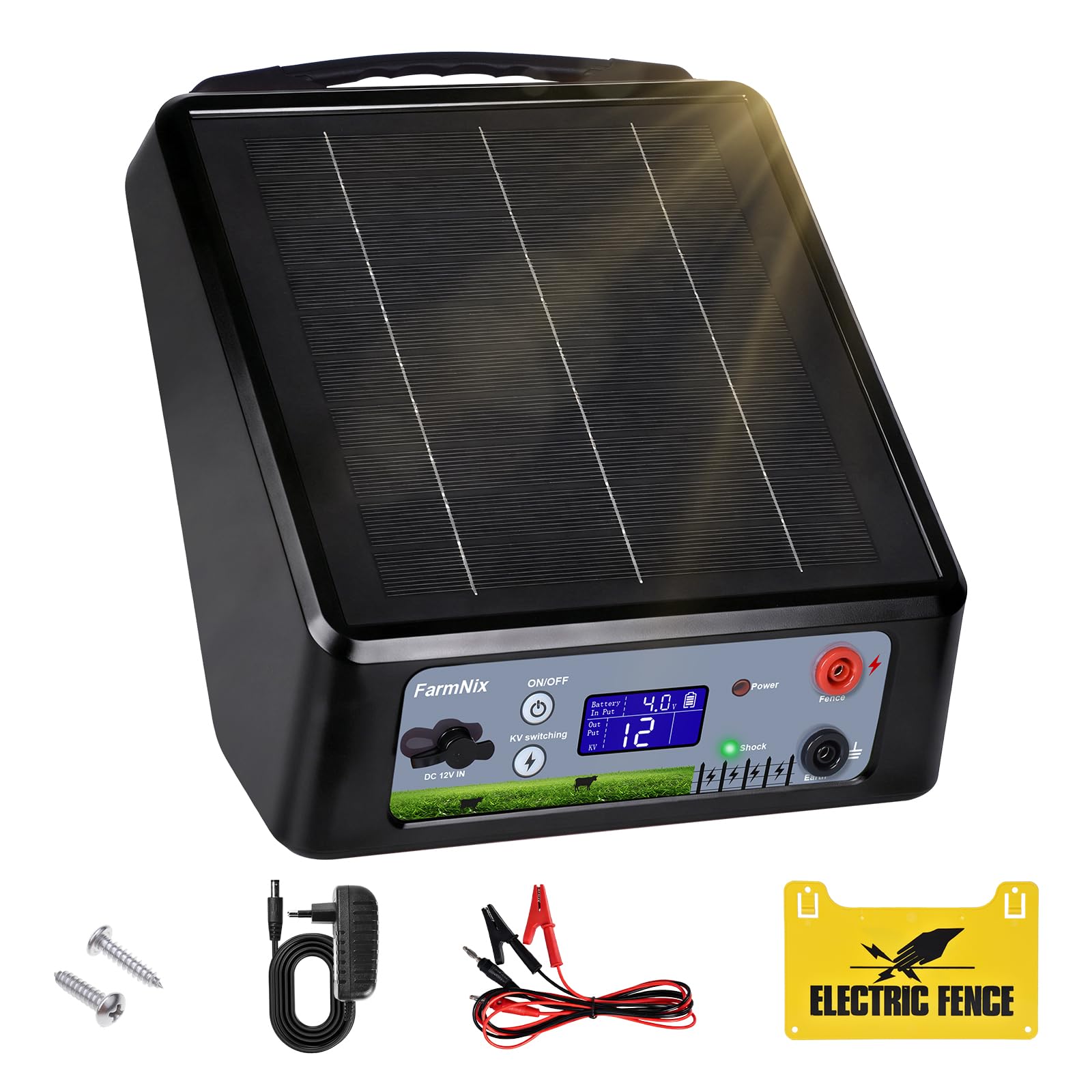 Pastor Eléctrico Solar 32km con Batería de Litio, Salida Ajustable 6-12KV 0.3-2J, Panel 6W & Batería 18Ah(18000mAh), IP55 Resistente para Caballos, Ganado, Jabalíes