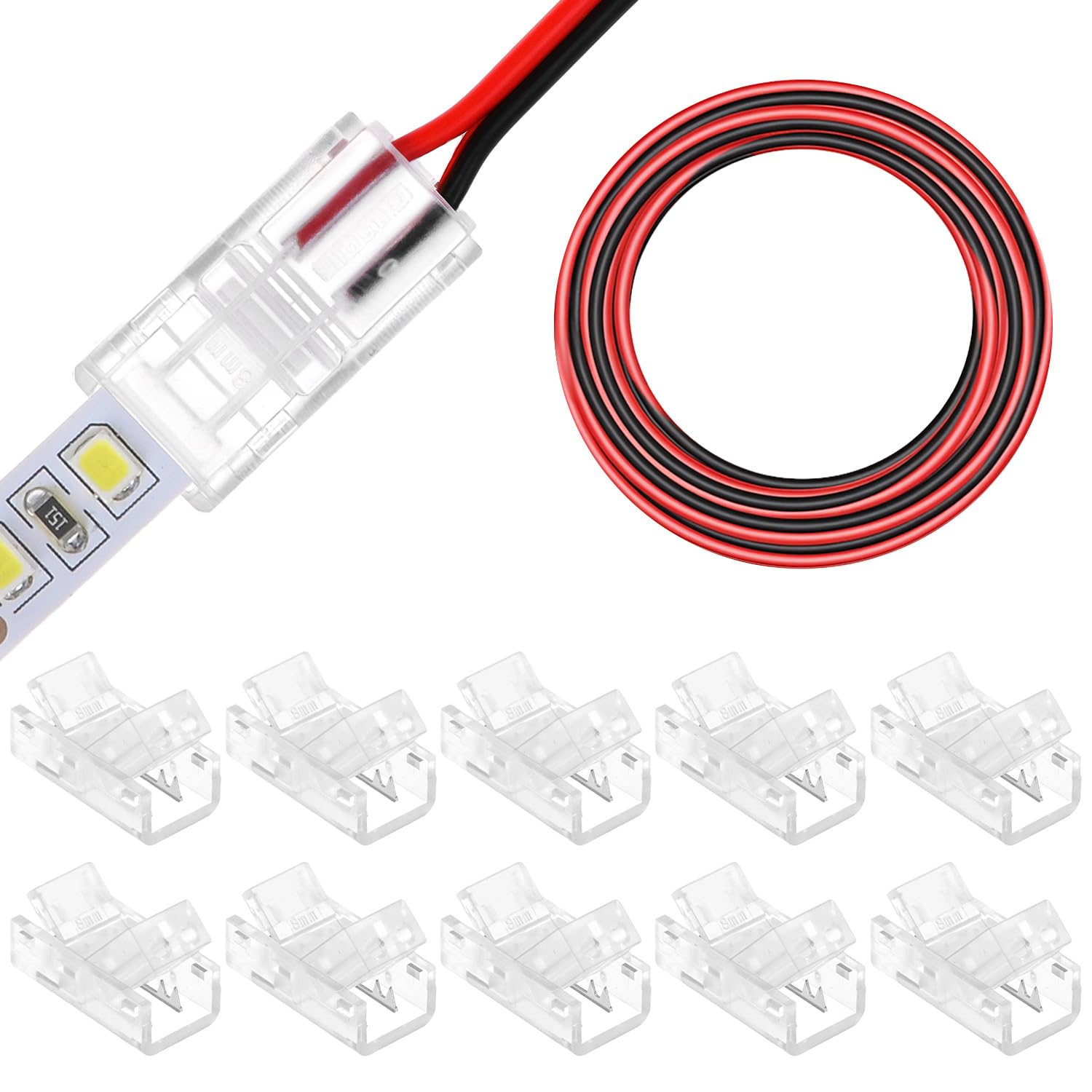 QWORK® 10PCS RGB LED Light Connector 2 Pin 8mm with 5m 22 AWG Extension Cable, Gapless Connectors Kit for Quick 8mm LED Strip to Wire Connections