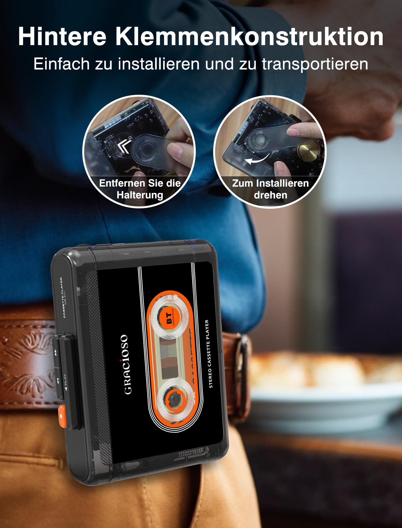 Gracioso Kassettenband, Bluetooth-Kassettenspieler mit 1100 mAh wiederaufladbarem Akku, kompakter Vintage-Kassettenspieler mit 3.5mm Kopfhörer, Mini-Kassettenrekorder mit Clip (Schwarz)