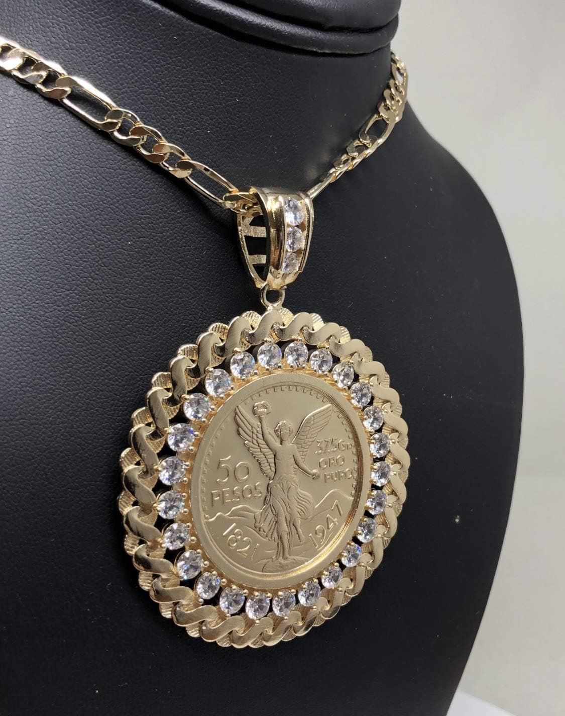 Fran & Co. Gold Plated Coin Luxury Centenario Mexicano Moneda 50 Pesos Pendant Chain CZ Oro Cadena 26”
