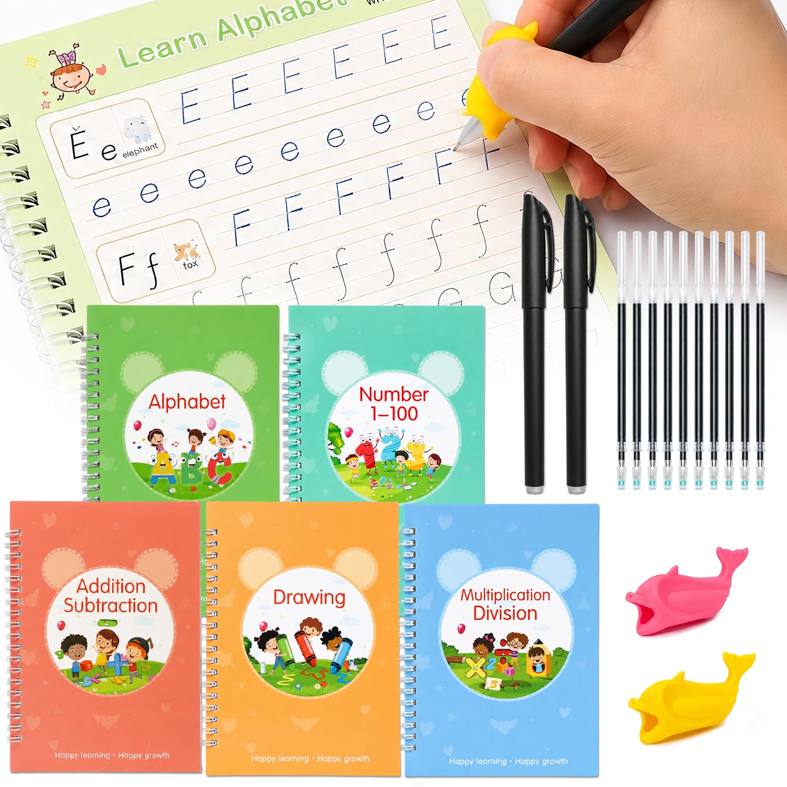 Newthinking Handwriting Practice Books for 3-6-year-olds, 5 Pack Preschool Learning Resources Grooved Copybook, Reusable Magic Handwriting Practice Books with Aid Pen for Kids Learn to Write