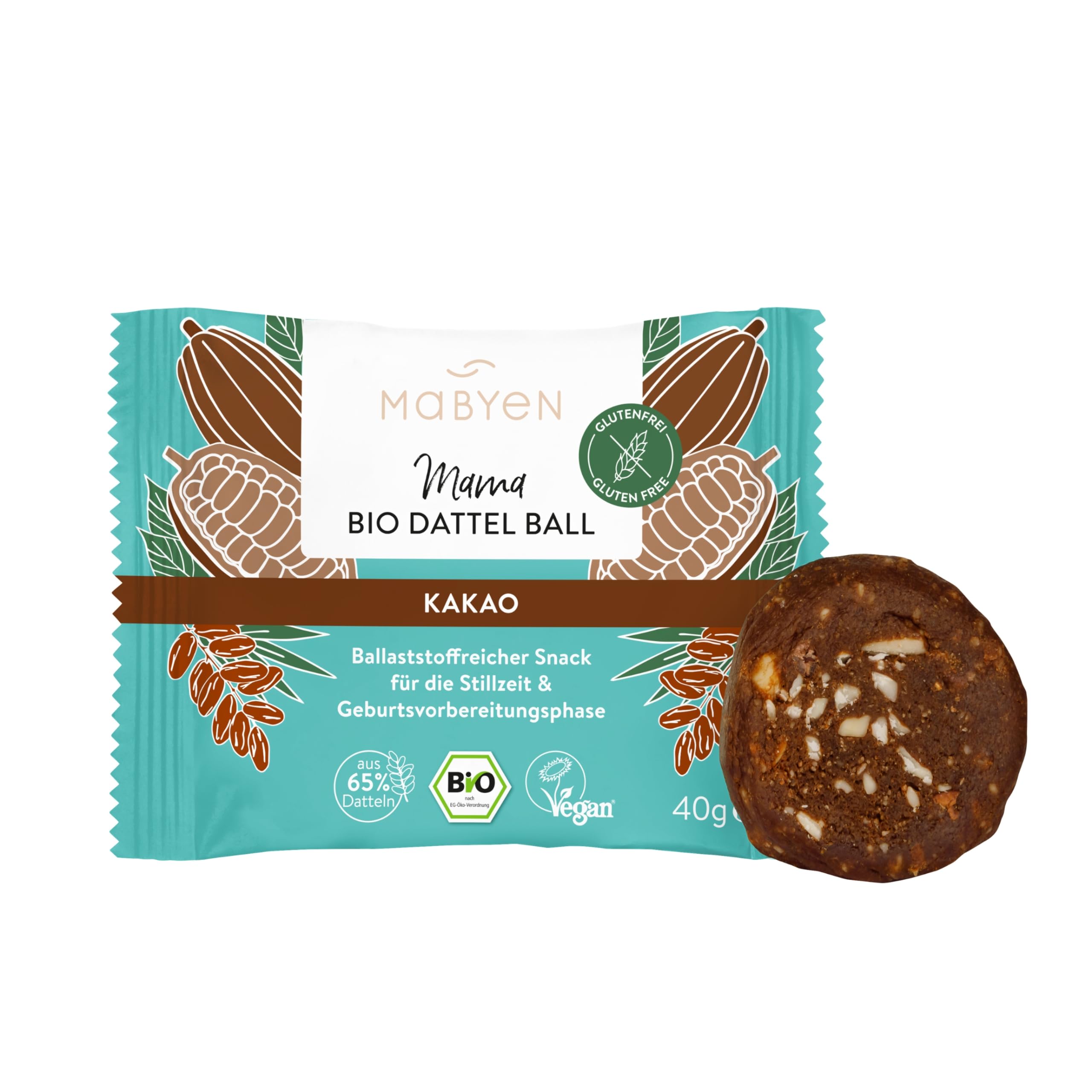 MABYEN Mama Bio Dattel Bälle Kakao – Bio Dattel Snack ohne Zuckerzusatz, Veganer Energy Snack mit 65% Datteln, Mandeln & Kakao, für bewusste Pausen, 20 Stück