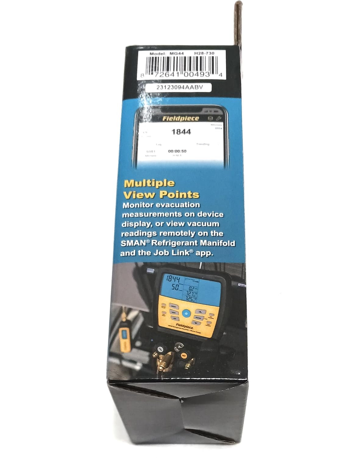 Fieldpiece MG44 Wireless Vacuum Gauge in box, back view með forskriftum