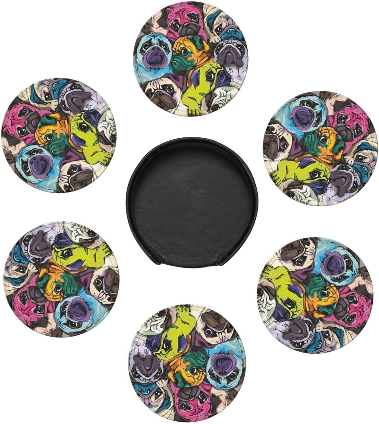 Pug Colorful Fun Dog Coasters For Drinks Round Leather Coaster With Holder Set Of 6 For Tabletop Protection Desk Accessories Office Home Room Decor image 3