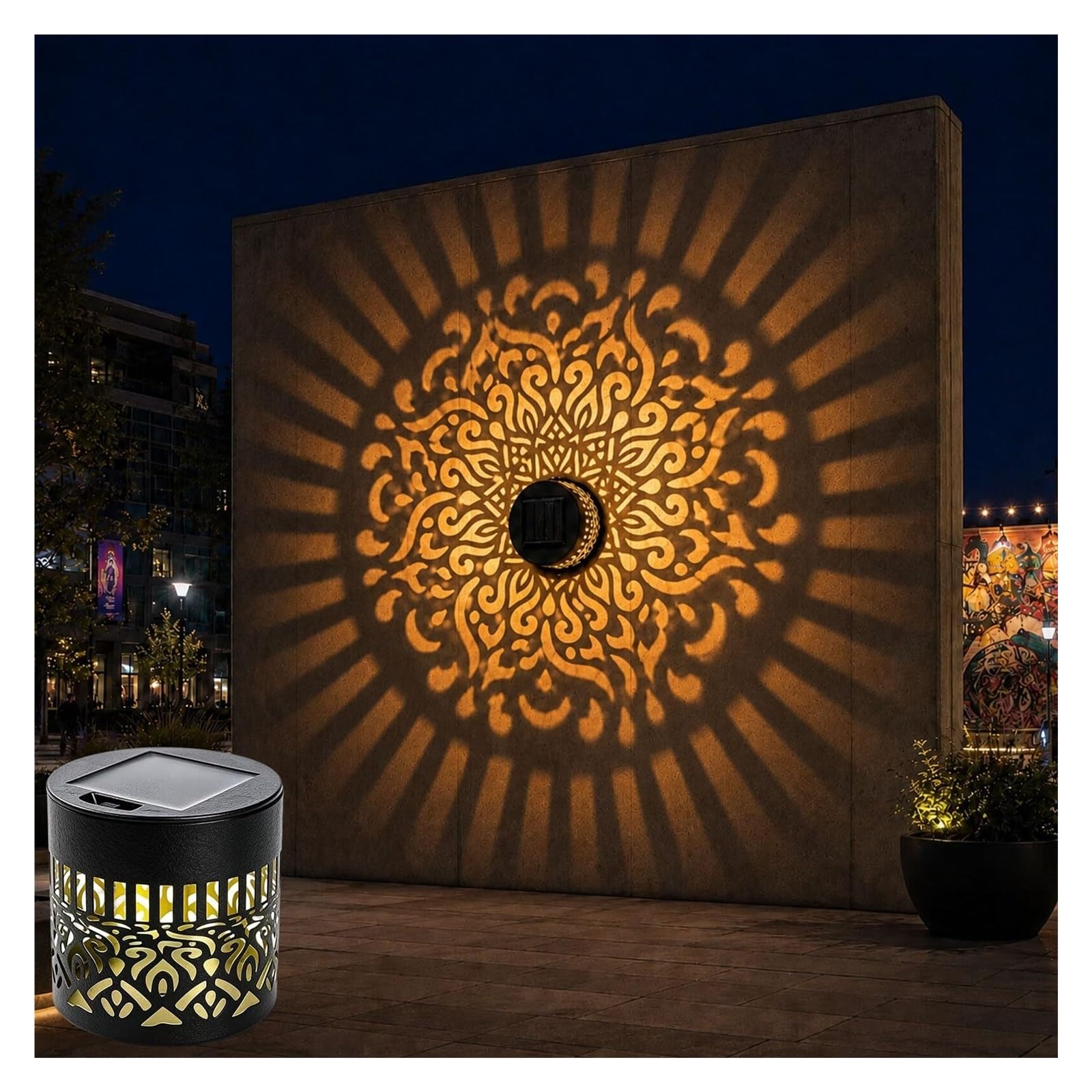 Solar Mandala Lights Outdoor Wall,Seven-Color Changing Mandala Projector Light, Outdoor Waterproof Metal Fence Lights for Garden Post Patio Backyard Yard Decor(1PC Warm Light)