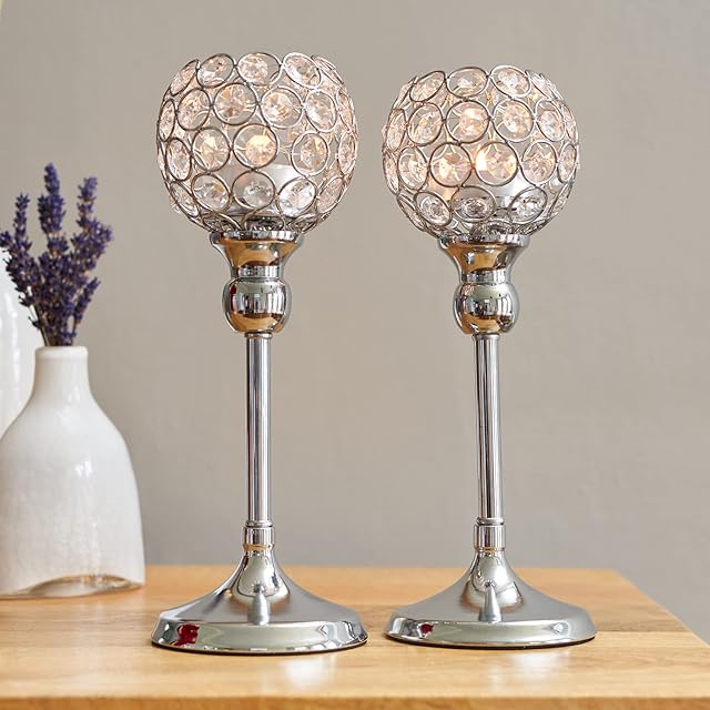 SA Products Crystal Candle Holders - Silver Living Room Decoration - Glass Ornaments for Home - Wedding Decor, Christmas Dinner Table Decorations - Housewarming, Birthday, Wedding Gifts - 33cm, 2-Pack