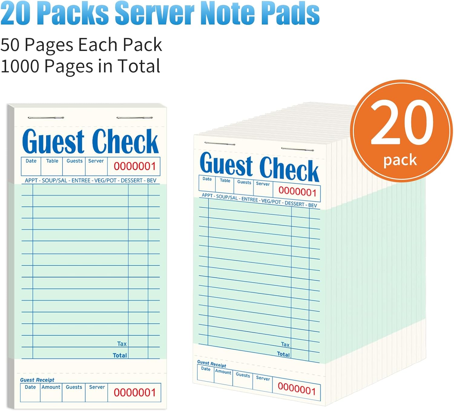 20 Pack/1000 Tickets Guest Checks Books for Servers, Green Server Books for Waitress, Server Note Pads for Restaurants