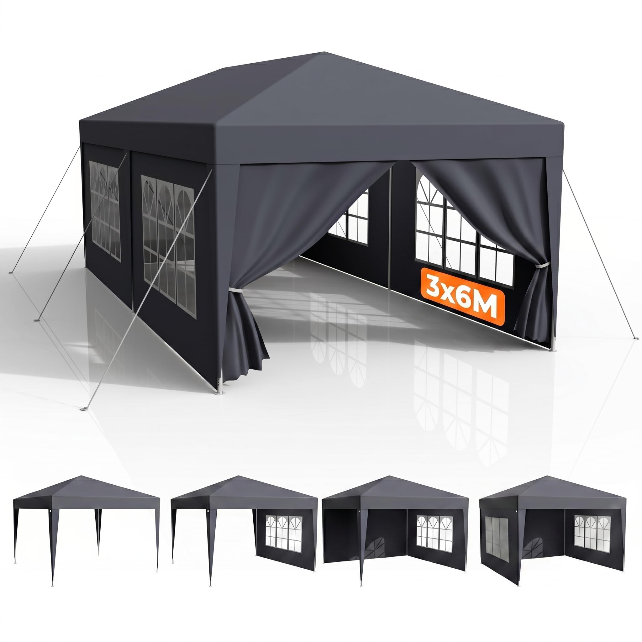Pavillon 3x6m Wasserdicht Stabil Winterfest, Faltpavillon mit Abnehmbaren Seitenteilen, UV Schutz & Windschutz, Gartenpavillon Partyzelt für Markt, Festival, Camping, Hochzeit, Anthrazit