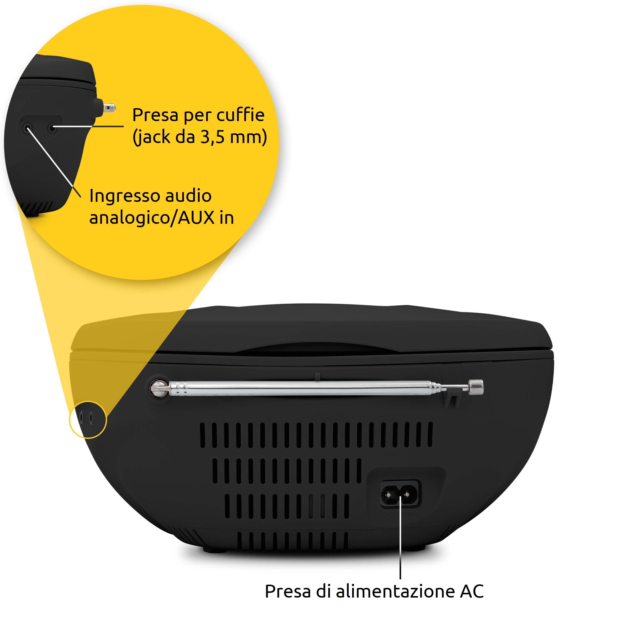 TechniSat VIOLA CD-1 - lettore CD stereo portatile con maniglia per il trasporto, boombox nera, sintonizzatore radio FM, ricezione Bluetooth, potenza di 2 x 1 W RMS, alimentazione a rete e a batteria