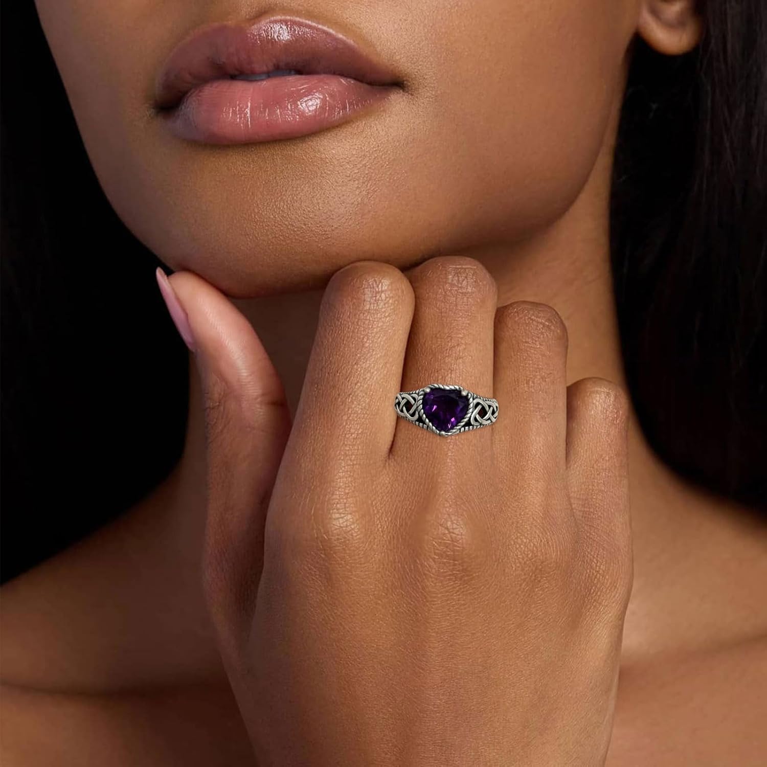 Natural Amethyst Promise Ring for Women Celtic Knot 8mm Heart Cut Amethyst Rings 925 Sterling Silver
