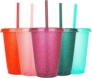 Suertestarry 16oz Tumbler with Straw and Lid,Water Bottle Iced Coffee Travel Mug Cup,Reusable Plastic Cups,Perfect for Parties,Birthdays, 5 Pack (Rainbow)