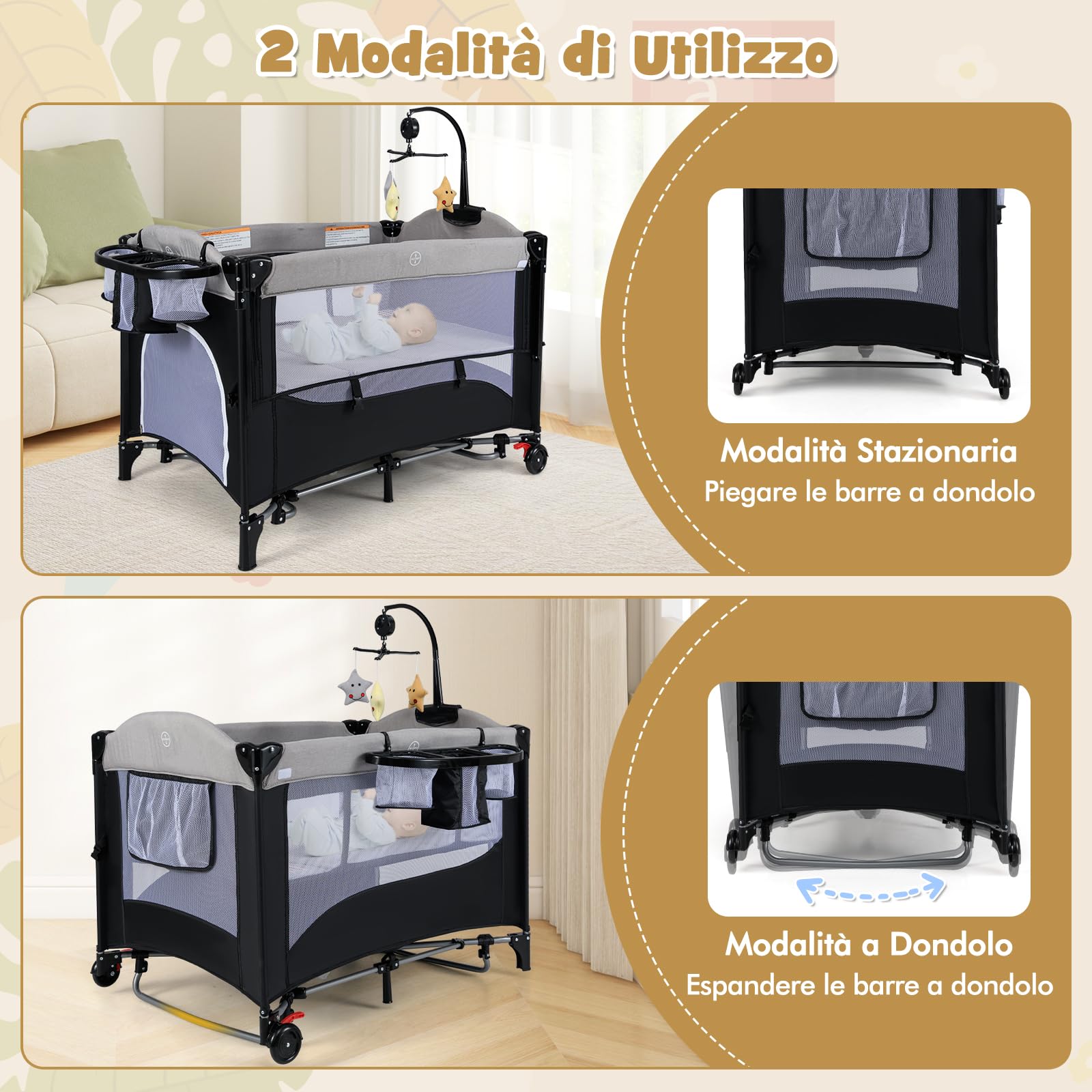RELAX4LIFE 5 en 1 Cuna Bebé con 5 Alturas Ajustables, Cambiador, Colchón, Caja Música, Juguetes Colgantes y Bolsa de Transporte, Cuna de Viaje con 2 Ruedas Bloqueables para Bebés 0-3 Años (Gris)